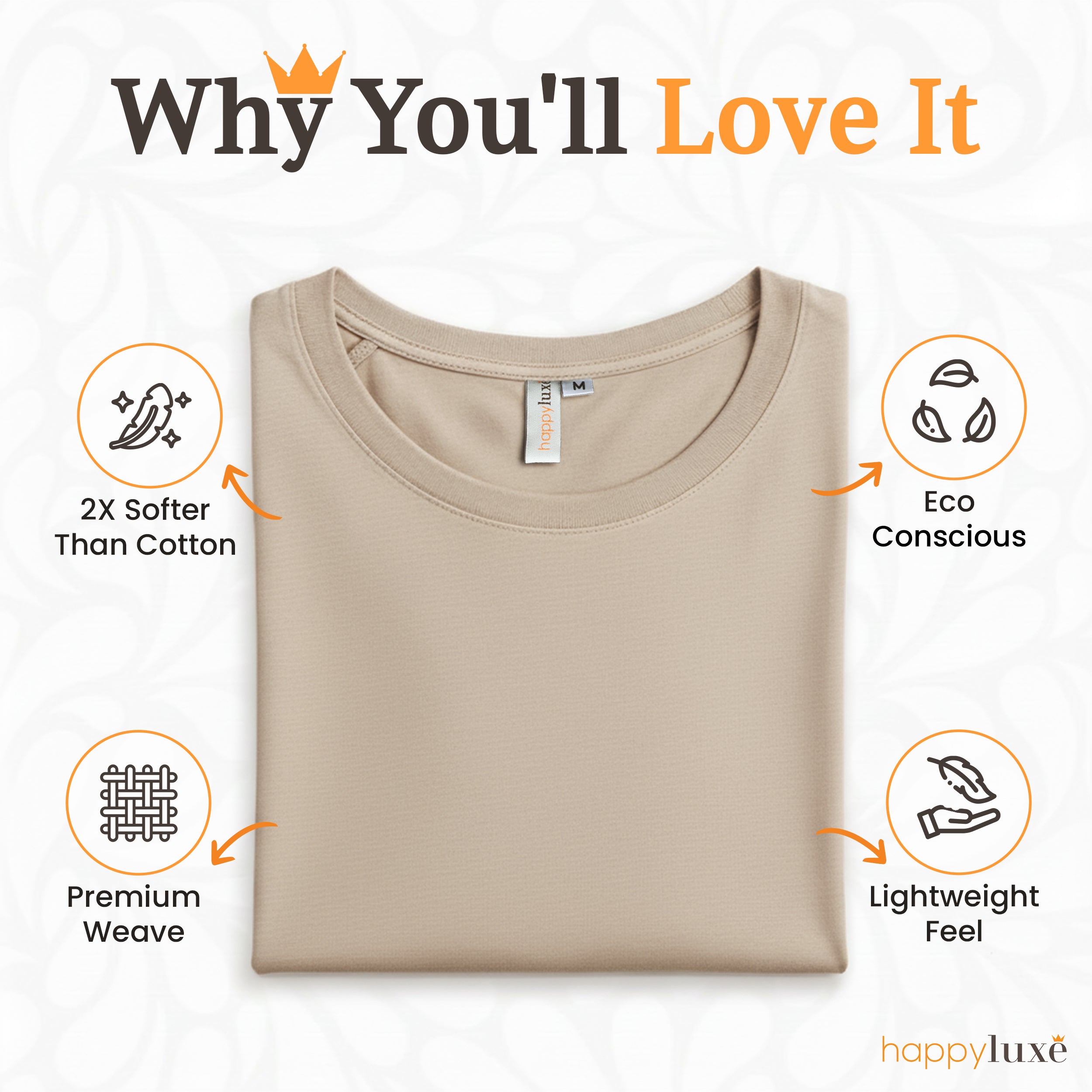 Beige crew neck t-shirt with soft, eco-conscious, lightweight fabric and premium weave details