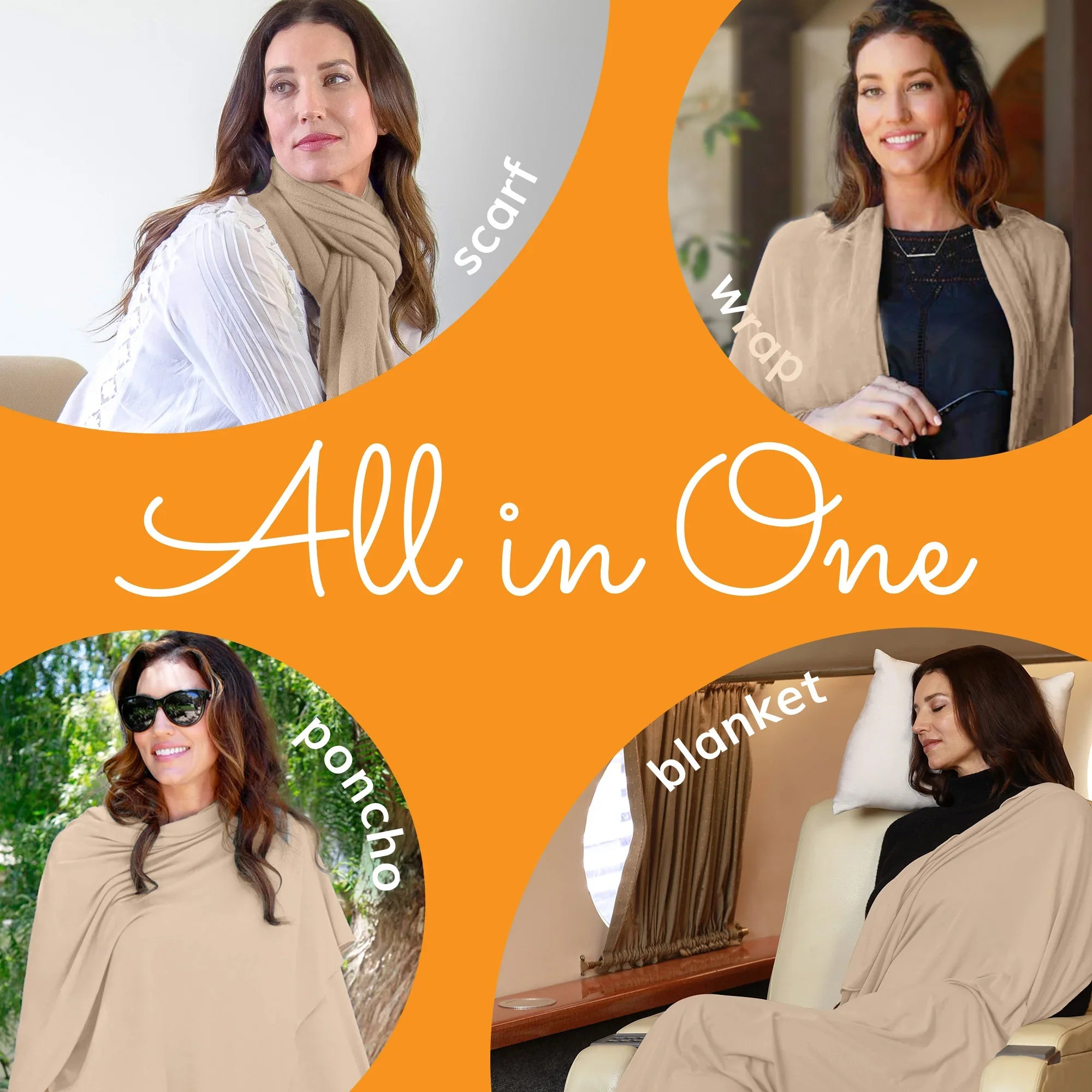 Versatile travel wrap as scarf, poncho, blanket & wrap for flights, home, everyday use