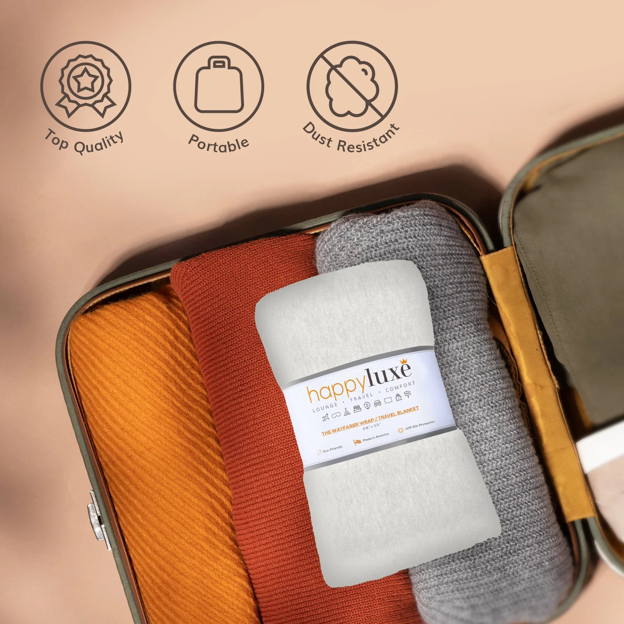 HappyLuxe travel blanket in suitcase, soft portable wrap for flights, dust resistant & top quality