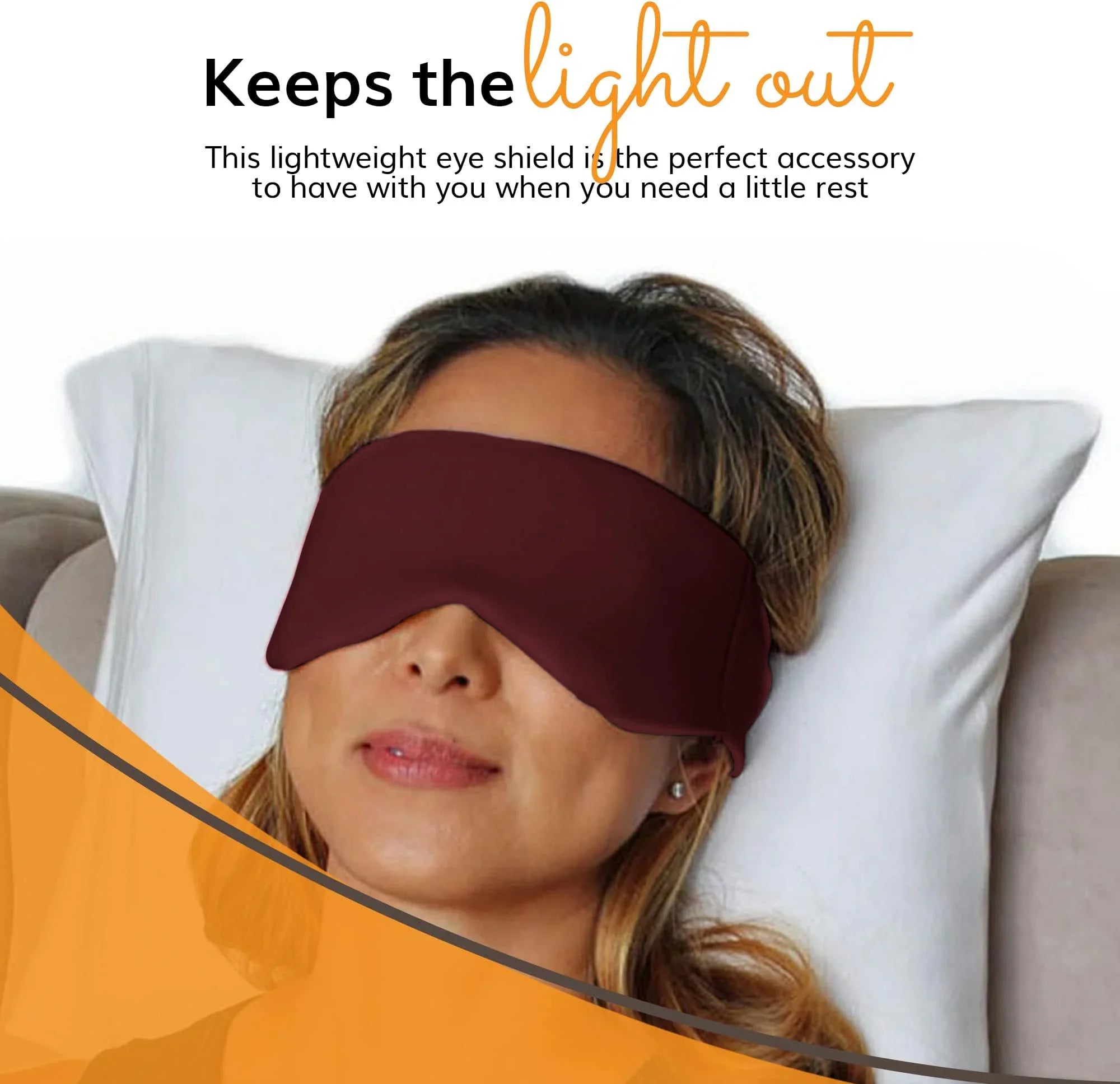 Woman resting with burgundy sleep mask, blocking light for travel or home relaxation