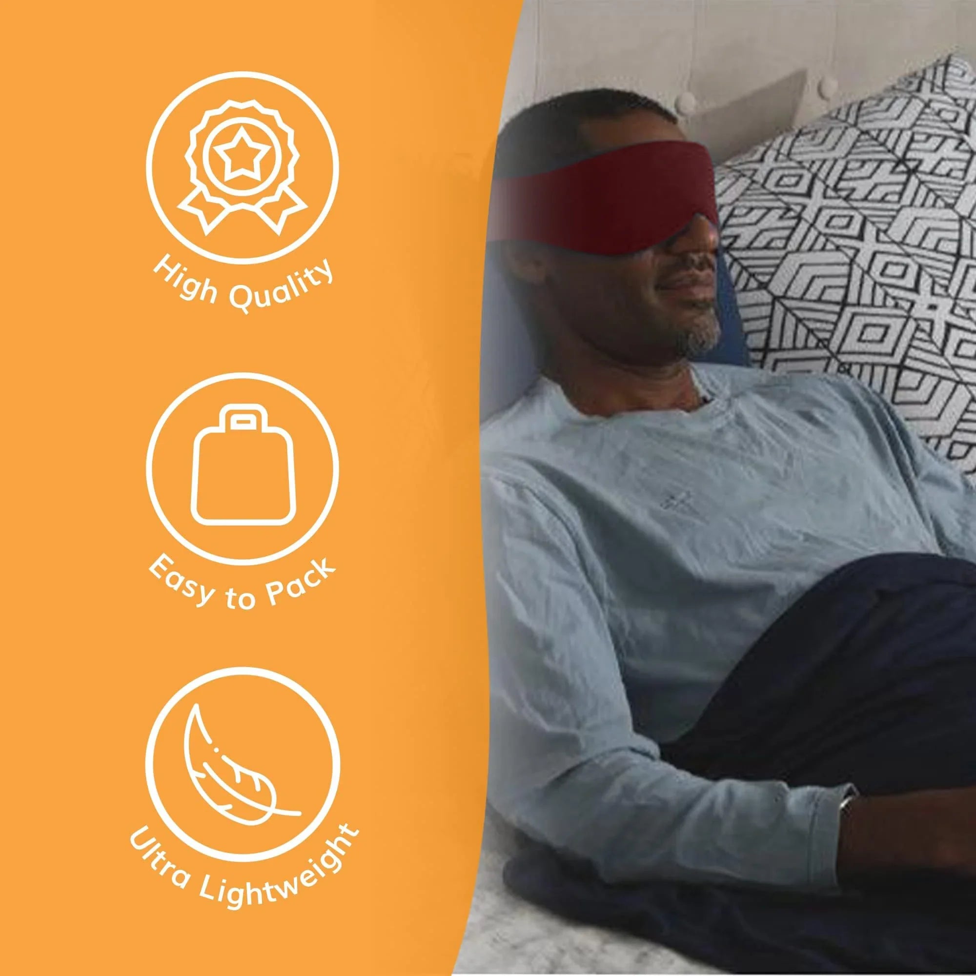 Man relaxing with red sleep mask, high quality, easy to pack, ultra lightweight travel accessory