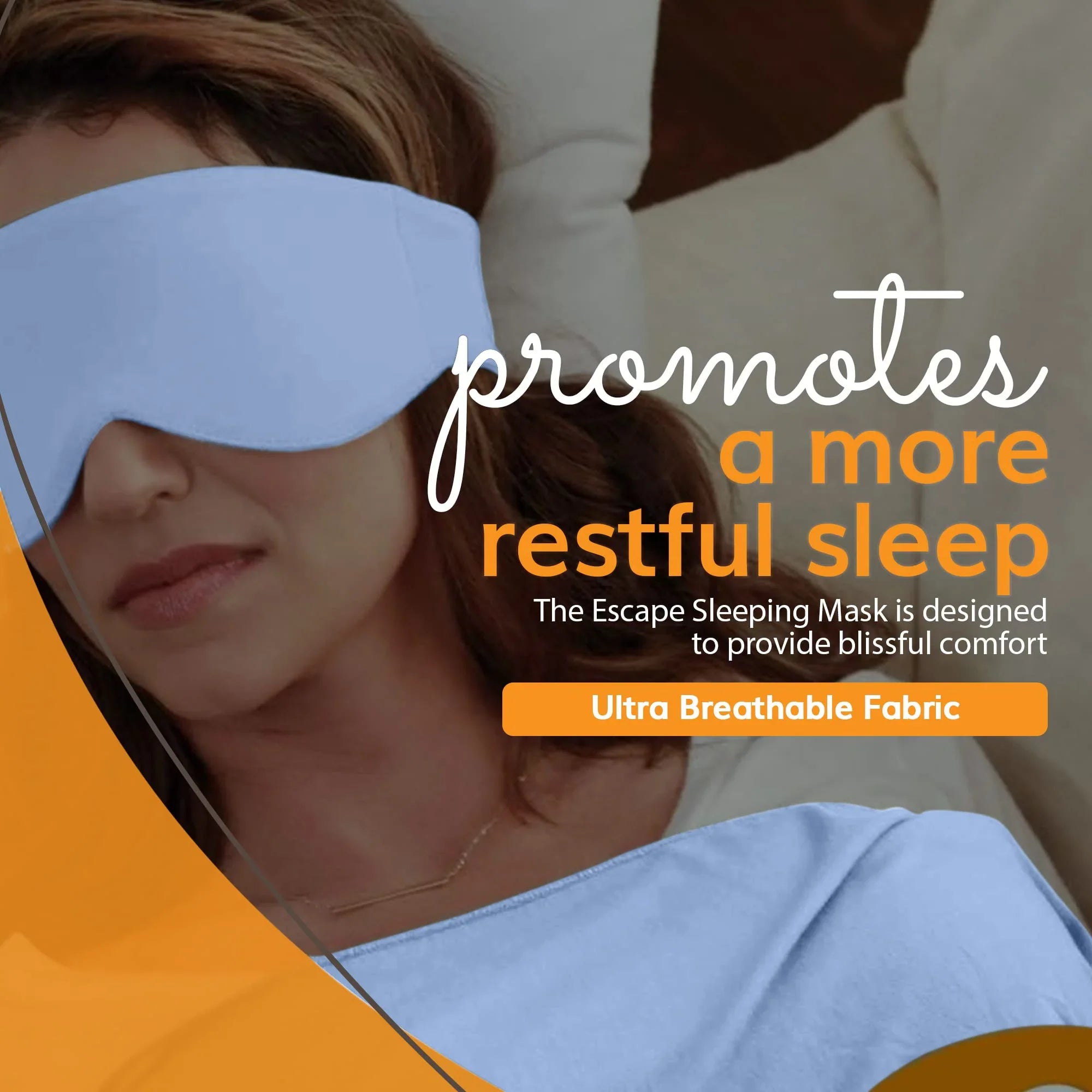 Woman wearing light blue sleep mask for restful sleep, ultra breathable fabric, ideal for travel and home use
