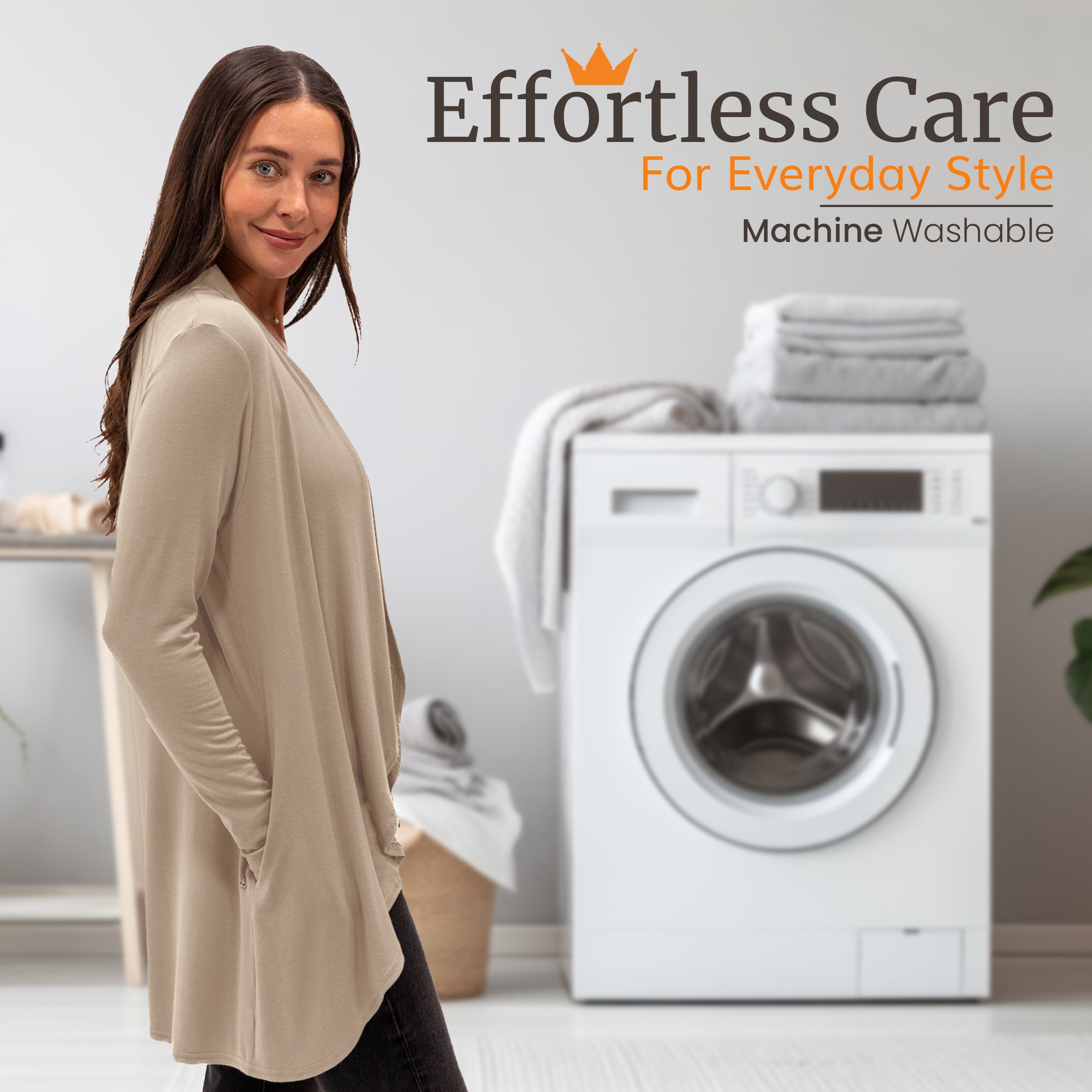 Woman in soft, machine-washable travel wrap for everyday style and effortless care