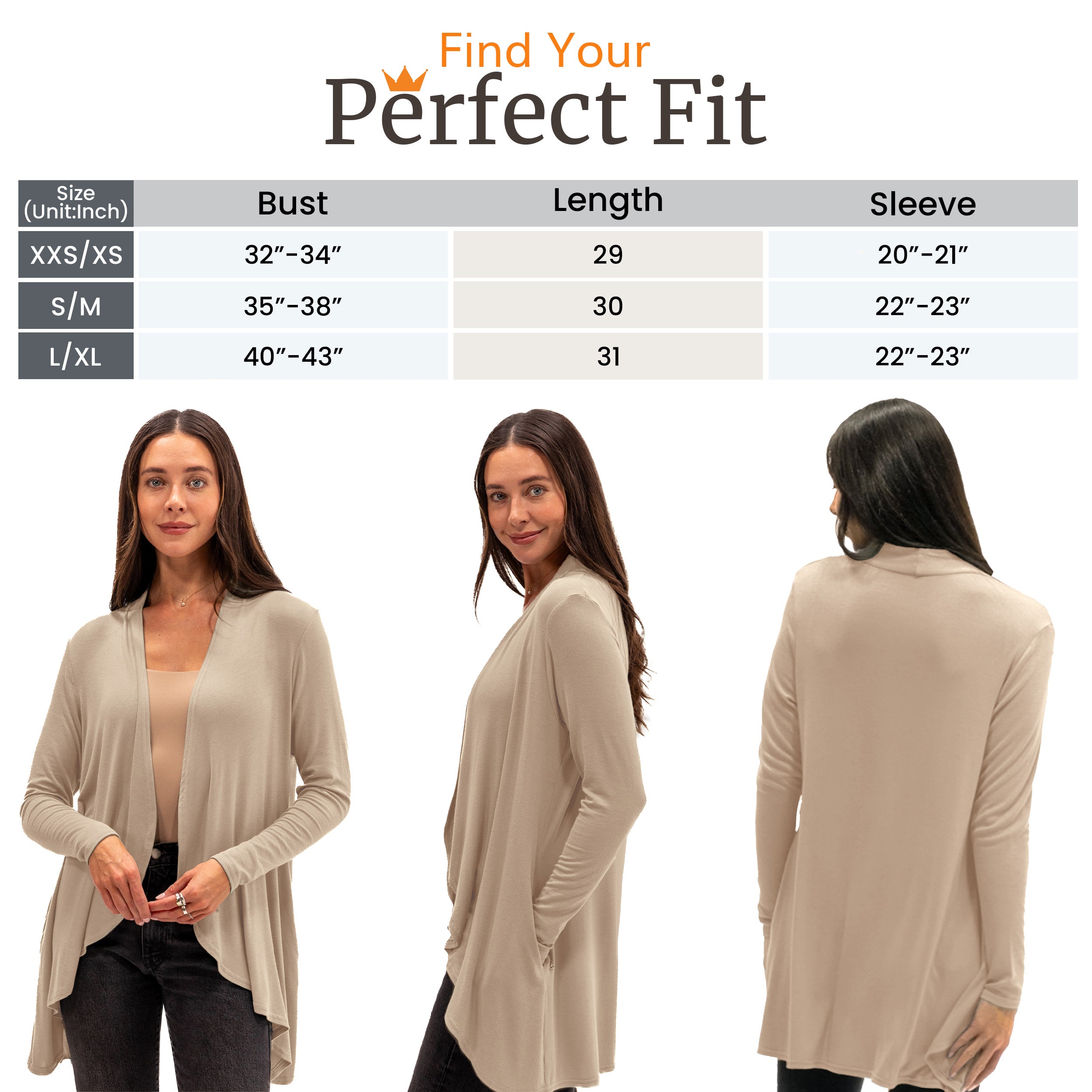 Beige long-sleeve travel cardigan with size chart for perfect fit, shown front, side, and back views