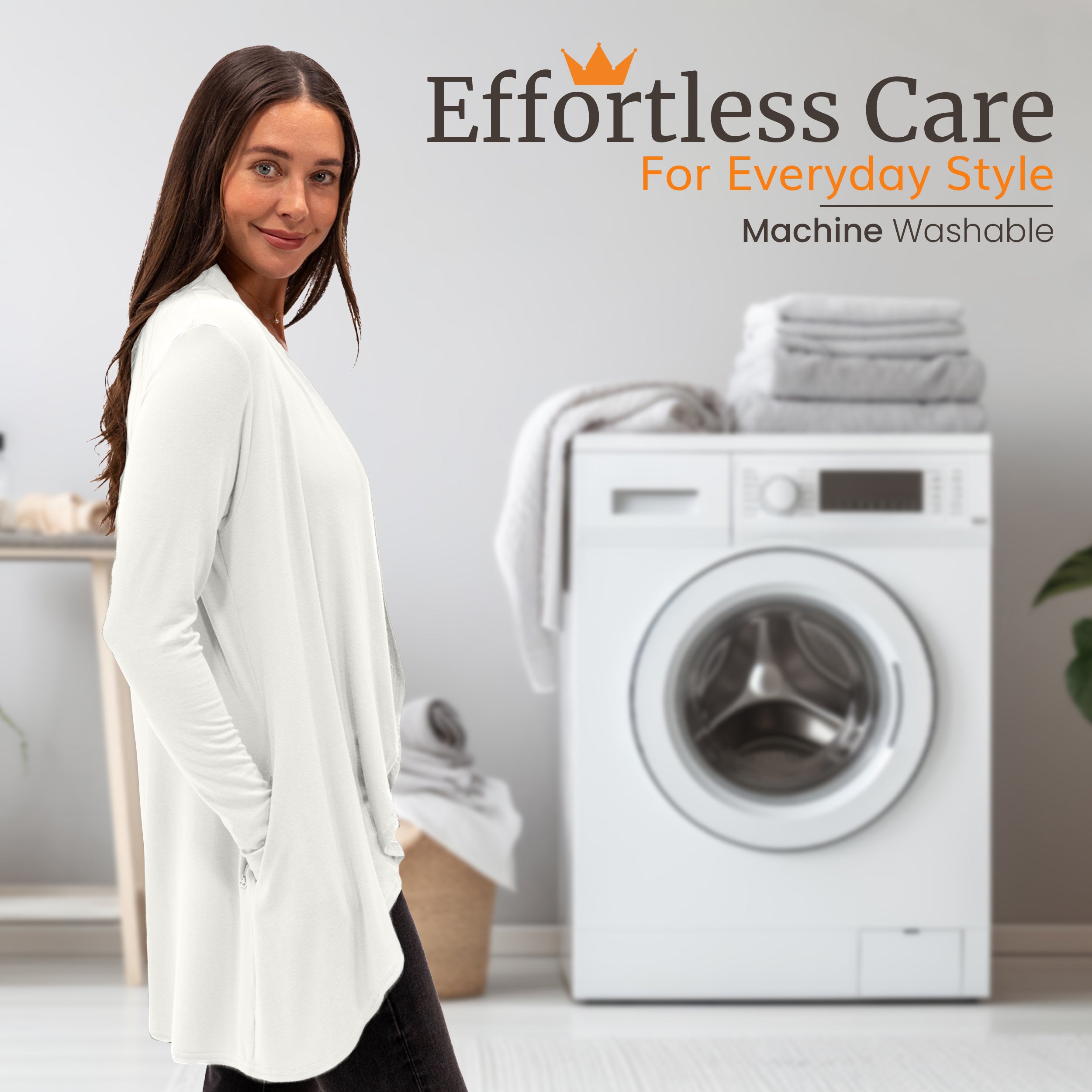 Woman in white long-sleeve travel top, machine washable for effortless everyday style