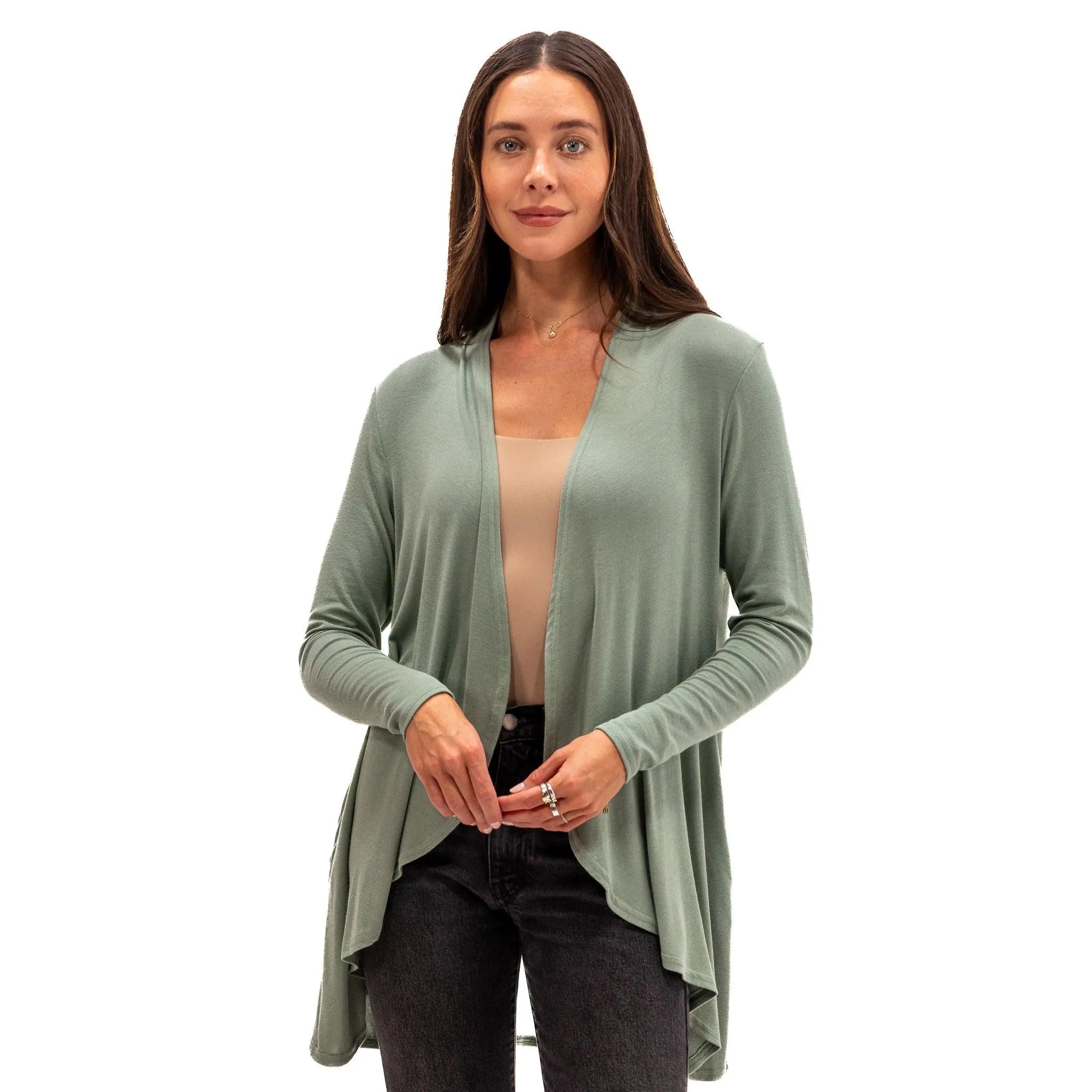 Soft sage green travel cardigan for women, perfect for flights and everyday comfort