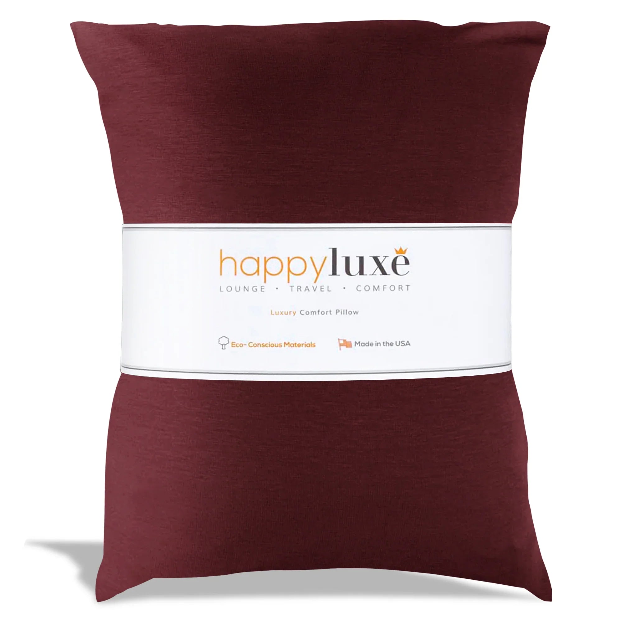 Luxury comfort pillow in deep burgundy, eco-conscious materials, made in USA, ideal for travel and home