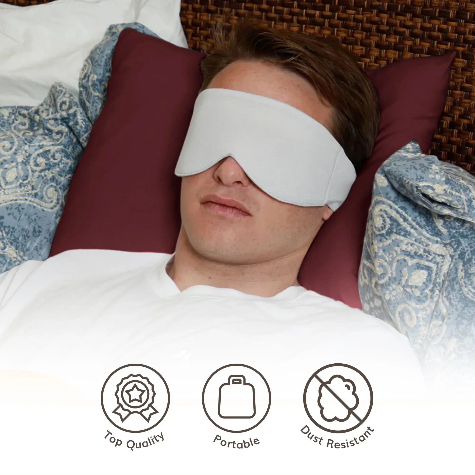 Man sleeping with soft, portable eye mask for travel and home use, top quality and dust resistant