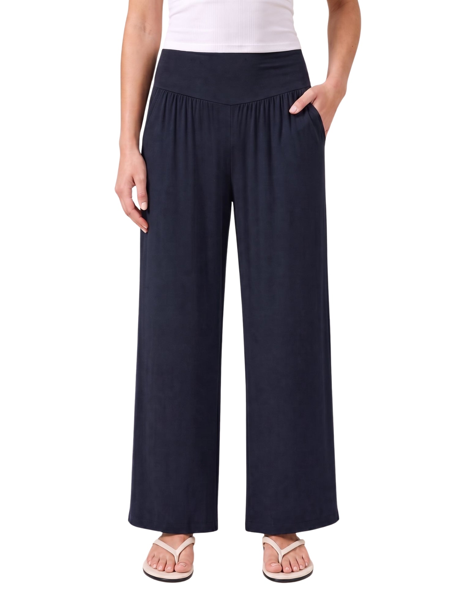 Navy wide-leg lounge pants with elastic waist, ideal for travel and home comfort