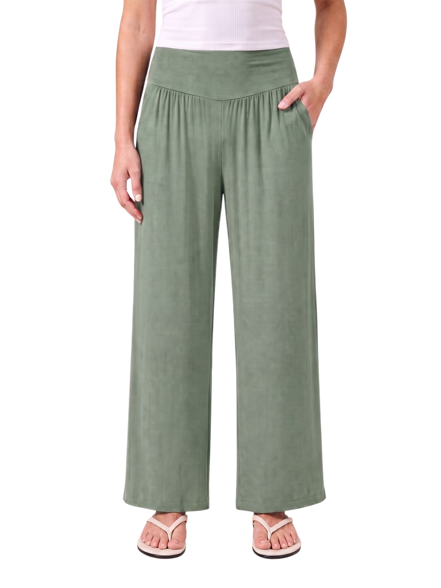 Olive green wide-leg lounge pants with elastic waist, ideal for travel and everyday comfort