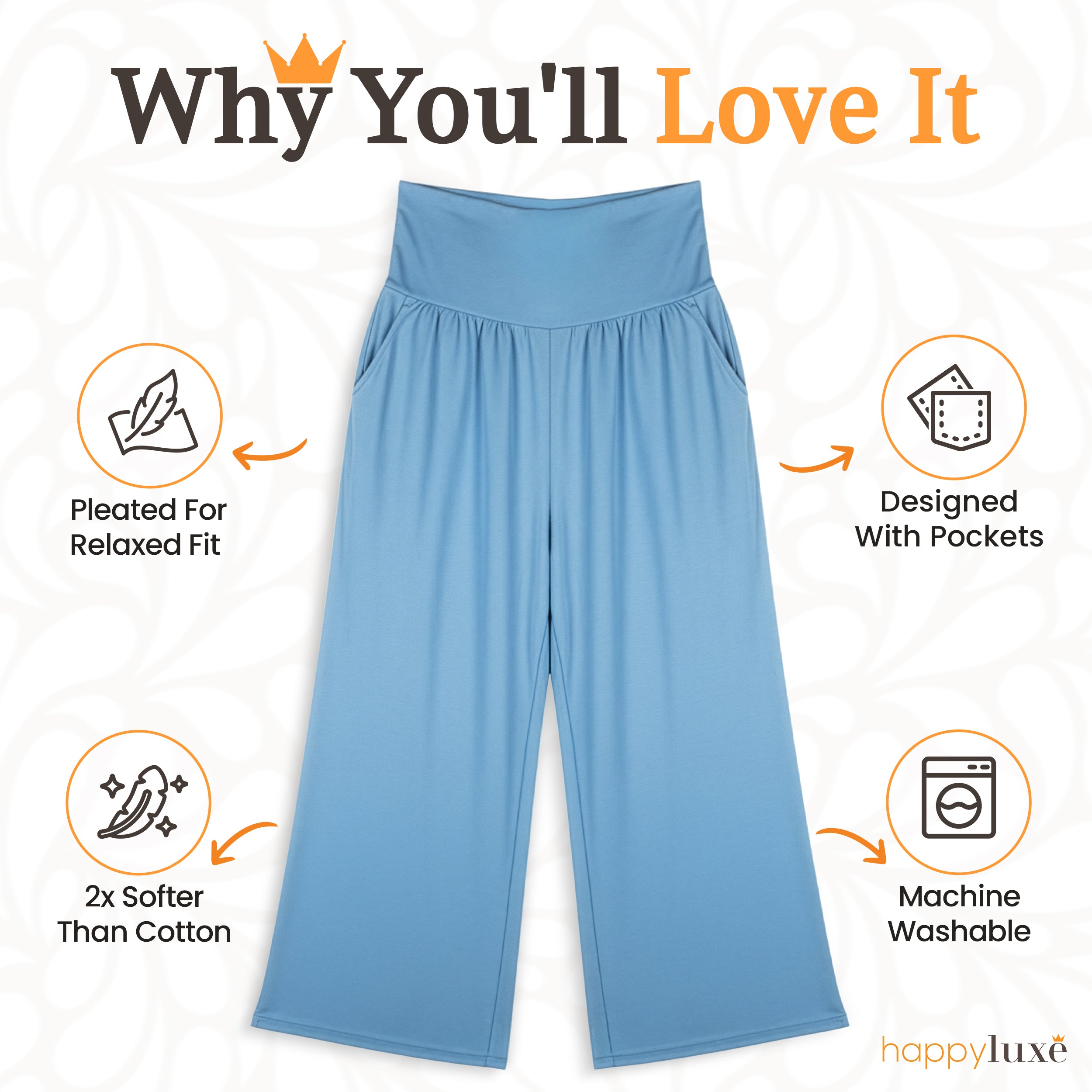 Soft blue travel pants with pockets, pleated waist, machine washable, 2x softer than cotton for relaxed fit