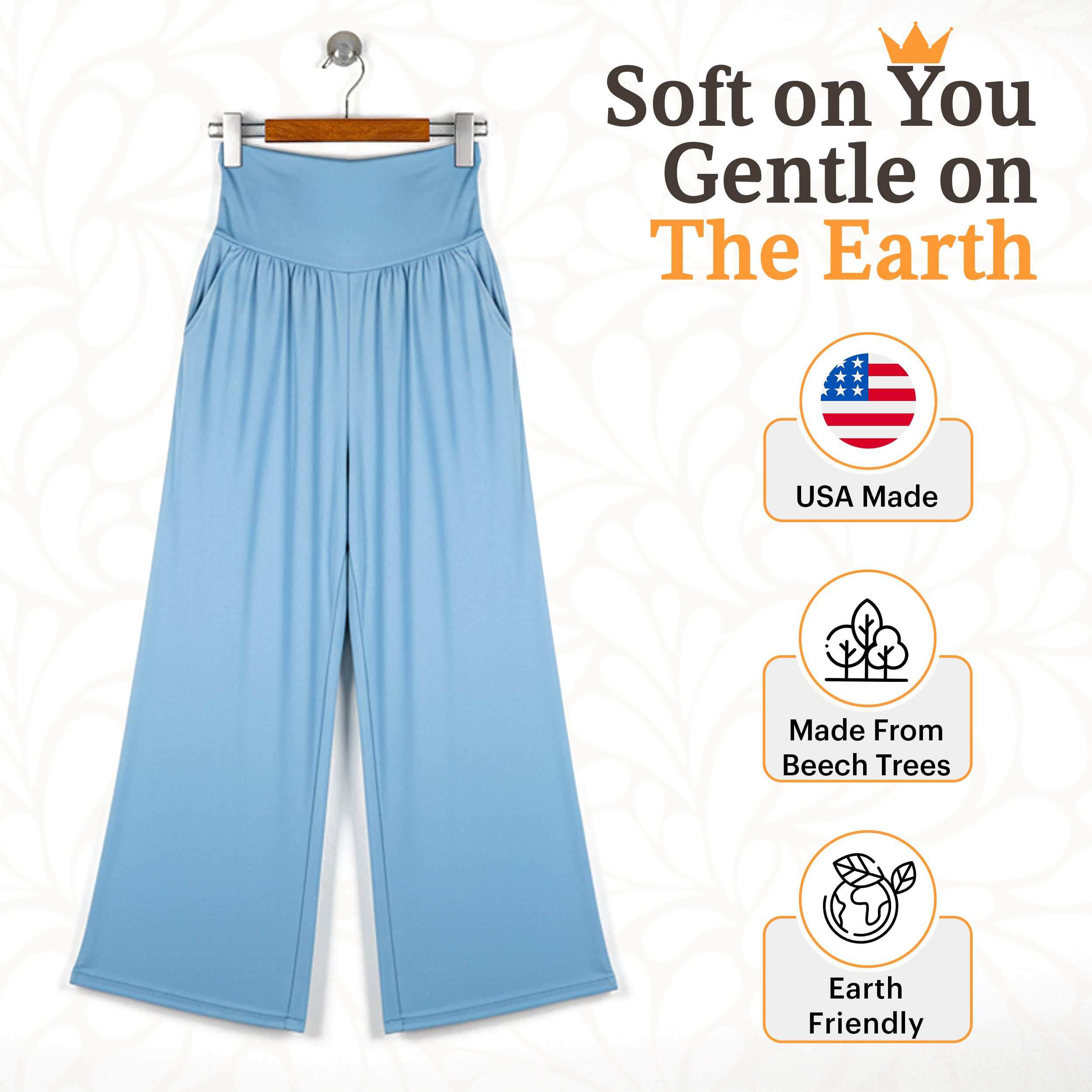 Soft blue sustainable wide-leg pants, USA made from beech trees, earth friendly travel wear