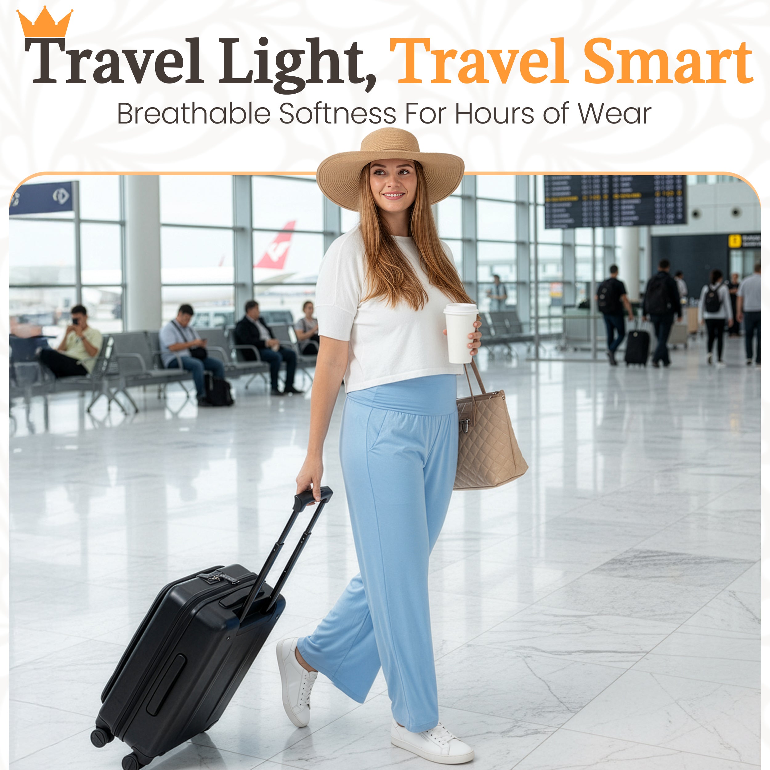 Woman in light blue travel pants walking through airport with suitcase, ideal for comfortable long flights and everyday wear