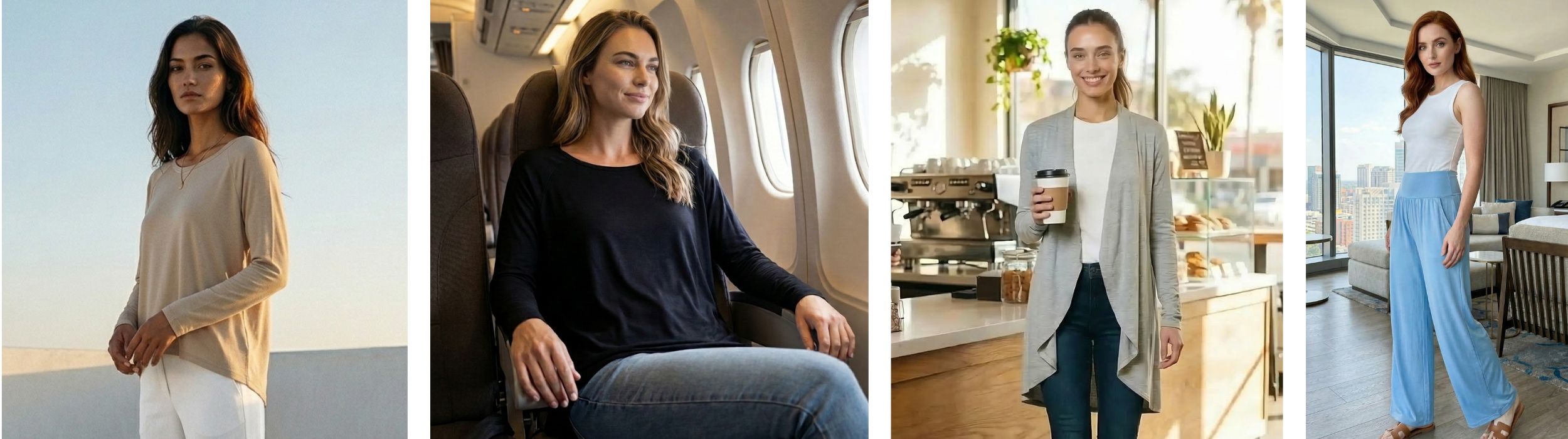 Women in cozy, sustainable travel wear for flights, cafes, and home comfort