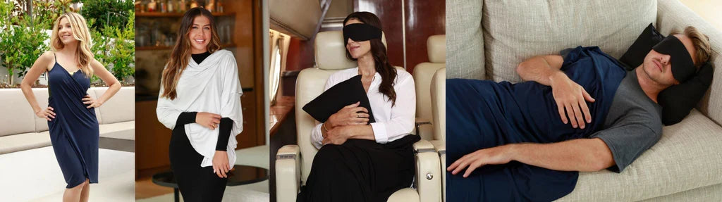 Luxury travel accessories for comfort at home or on flights, featuring sleep masks and cozy wraps.