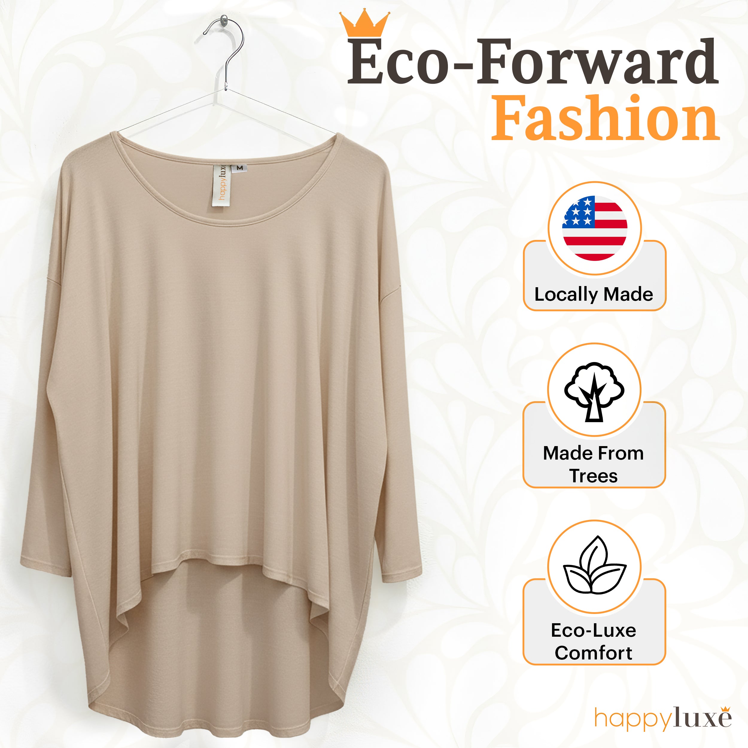 Beige eco-luxe long sleeve top, locally made from trees, soft sustainable fashion for travel and home comfort