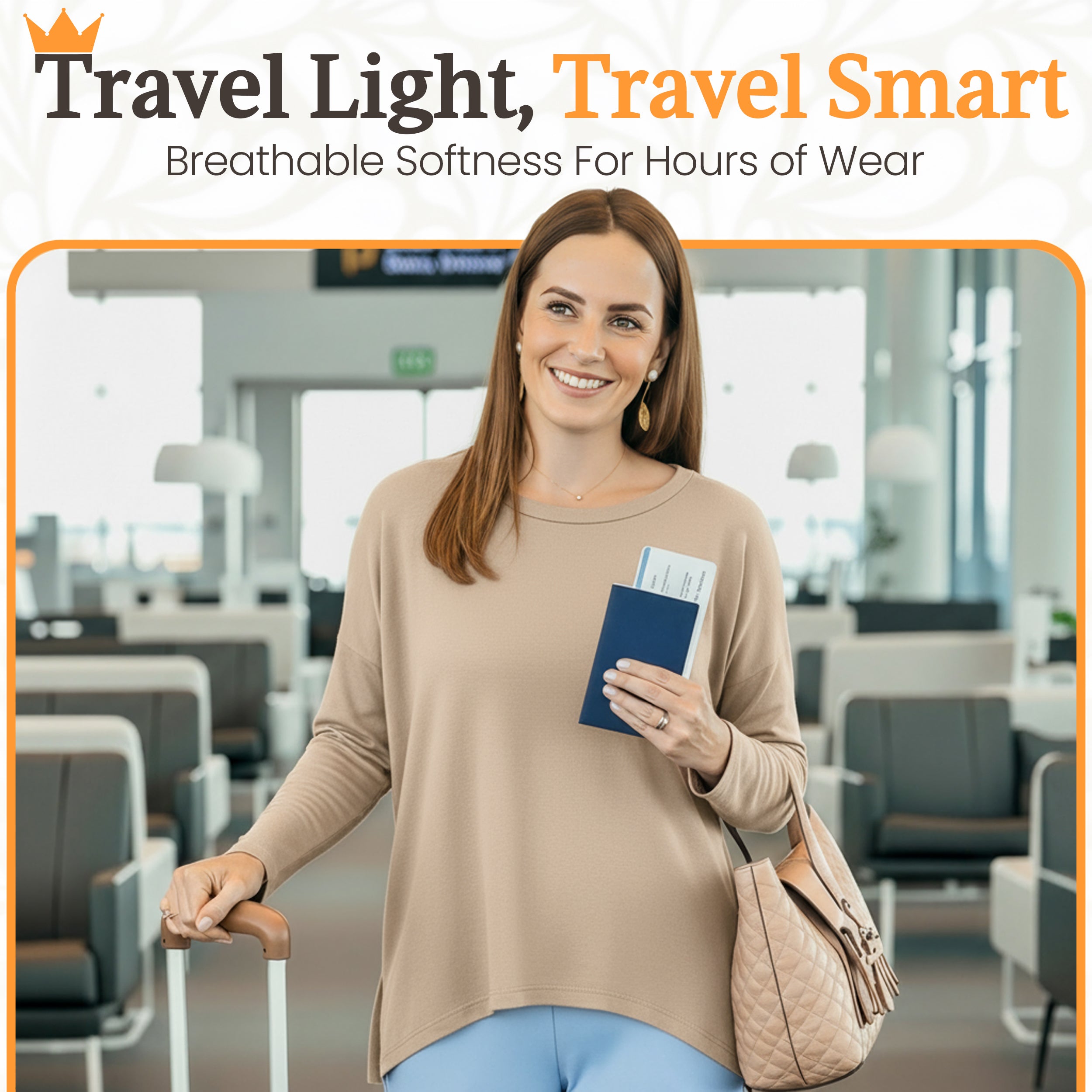 Woman at airport with passport and luggage, wearing soft travel outfit for comfortable journeys