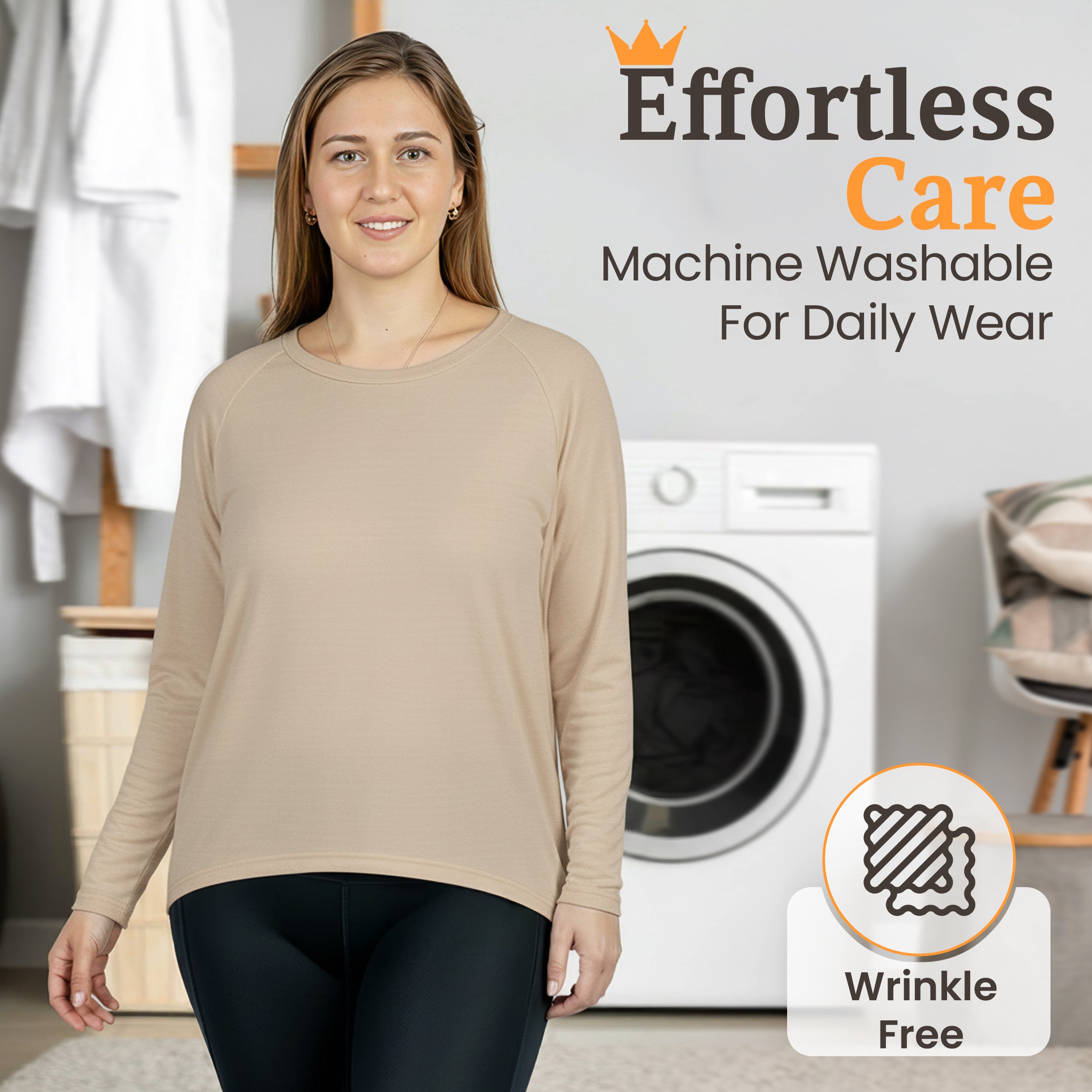 Beige long sleeve top, machine washable & wrinkle free for daily wear, soft sustainable travel apparel