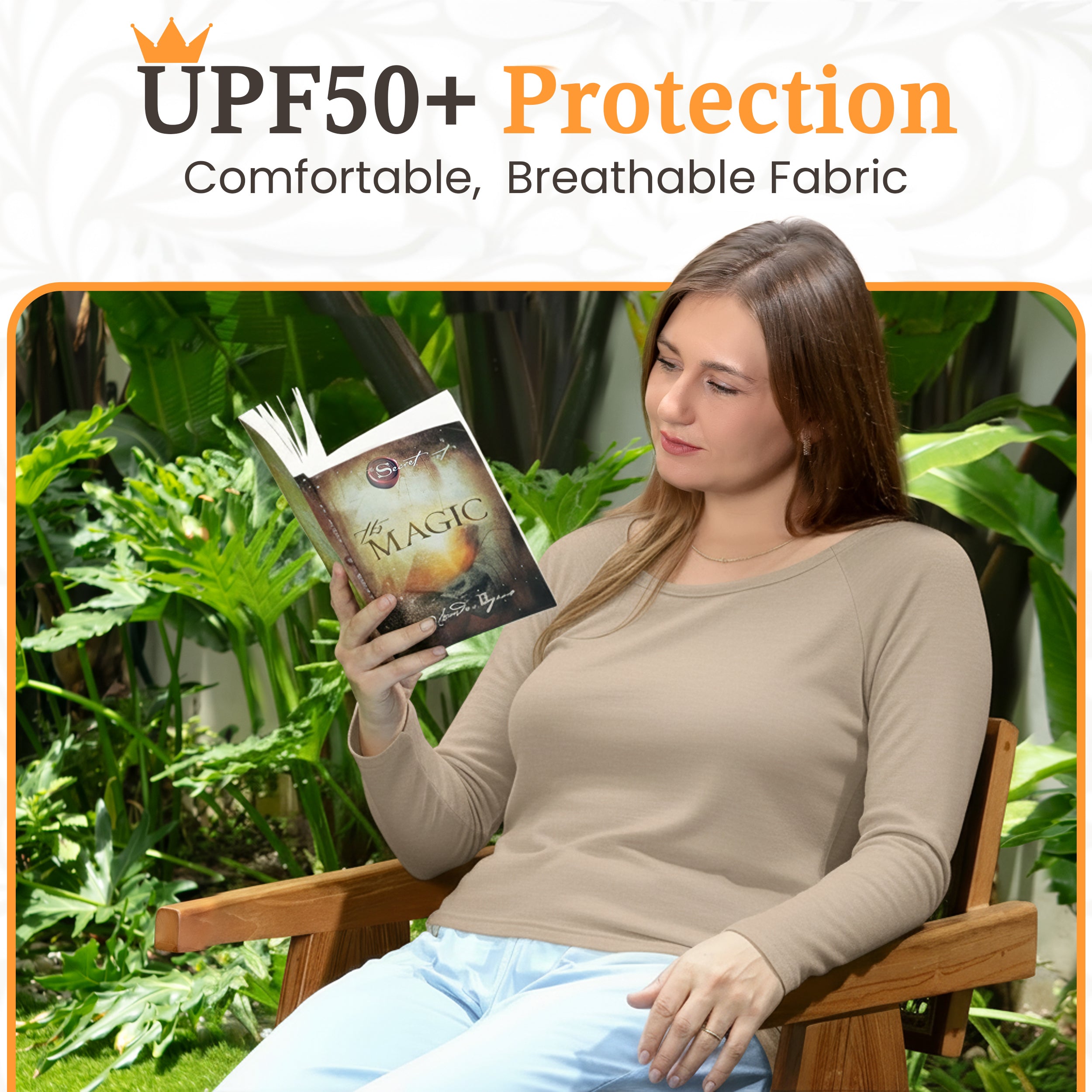 Woman reading outdoors in UPF50+ protective, breathable travel apparel