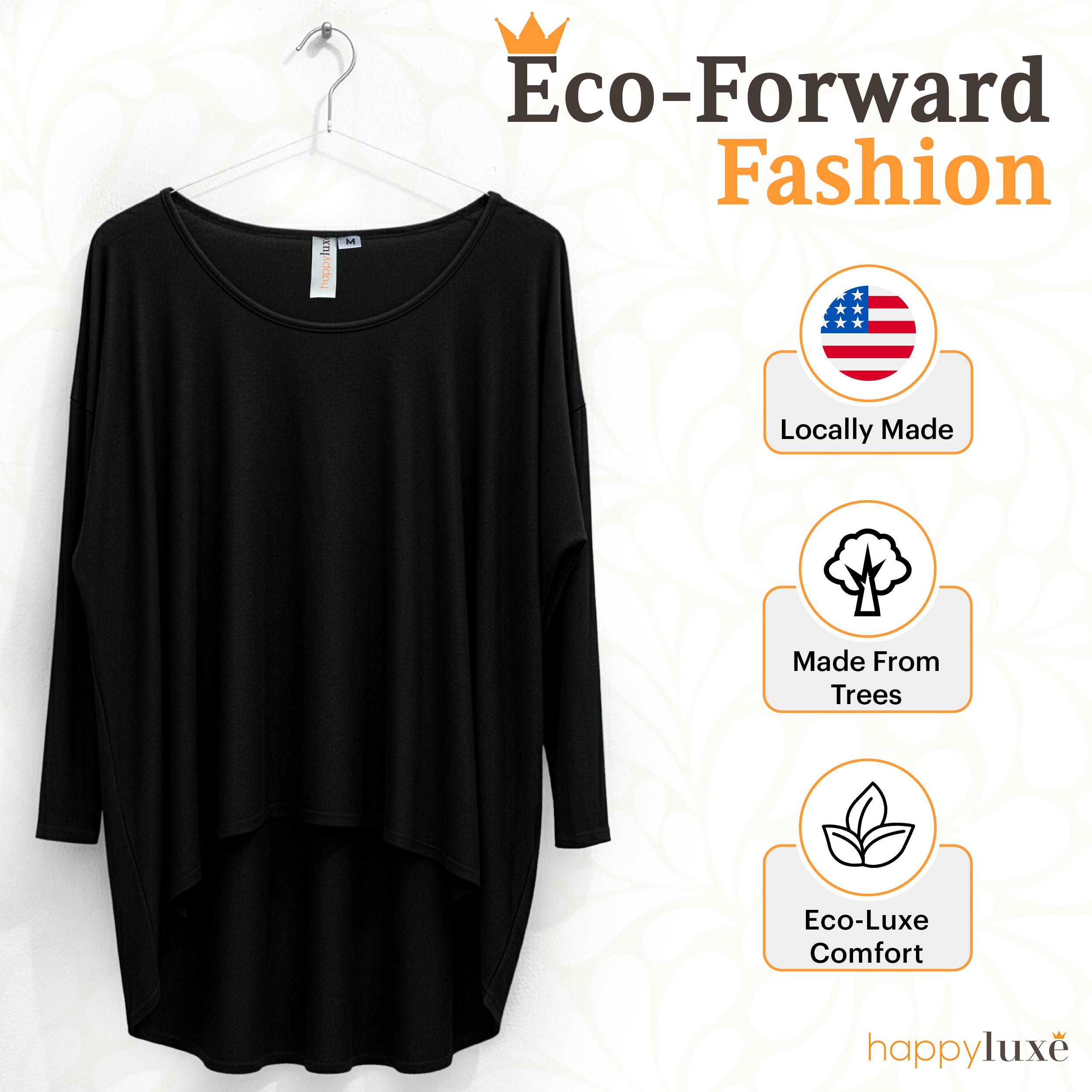 Black eco-luxe long sleeve top, locally made from trees, soft sustainable fashion for travel and home comfort