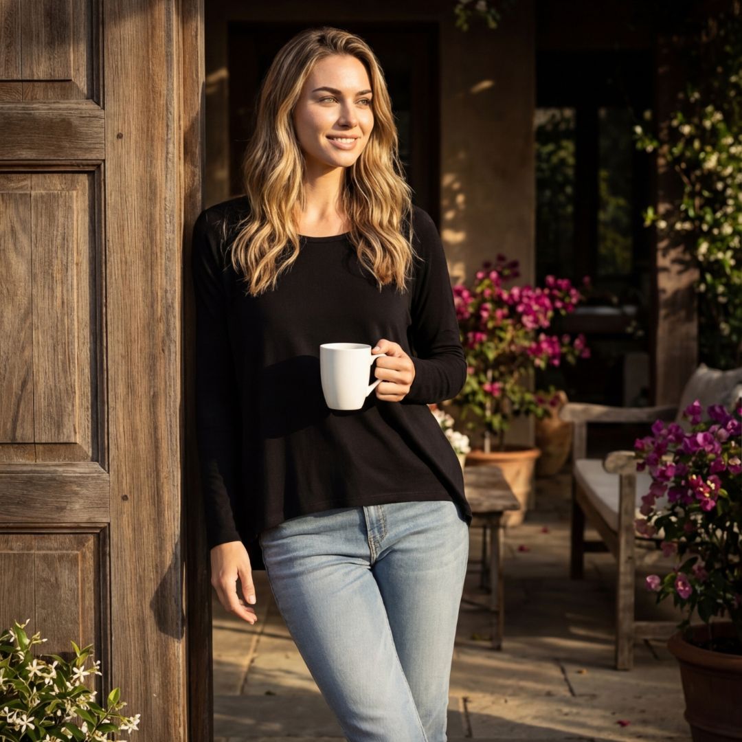 Woman in black top and jeans holding white mug outdoors near wooden door with flowers