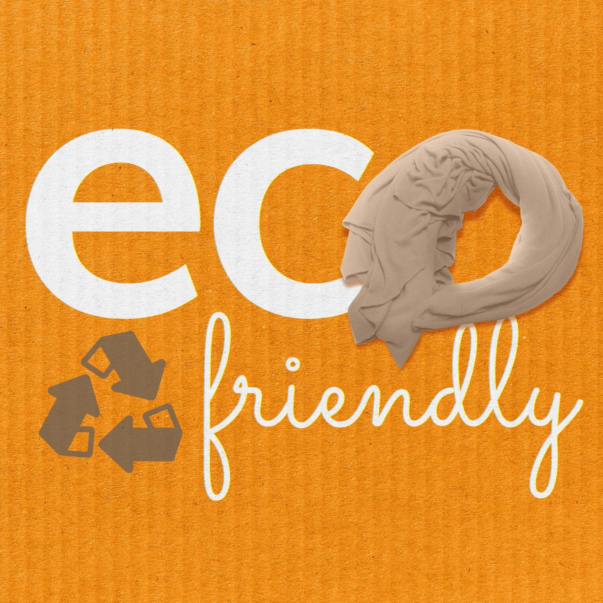 Eco friendly travel neck pillow with sustainable fabric and recycling symbol on orange background