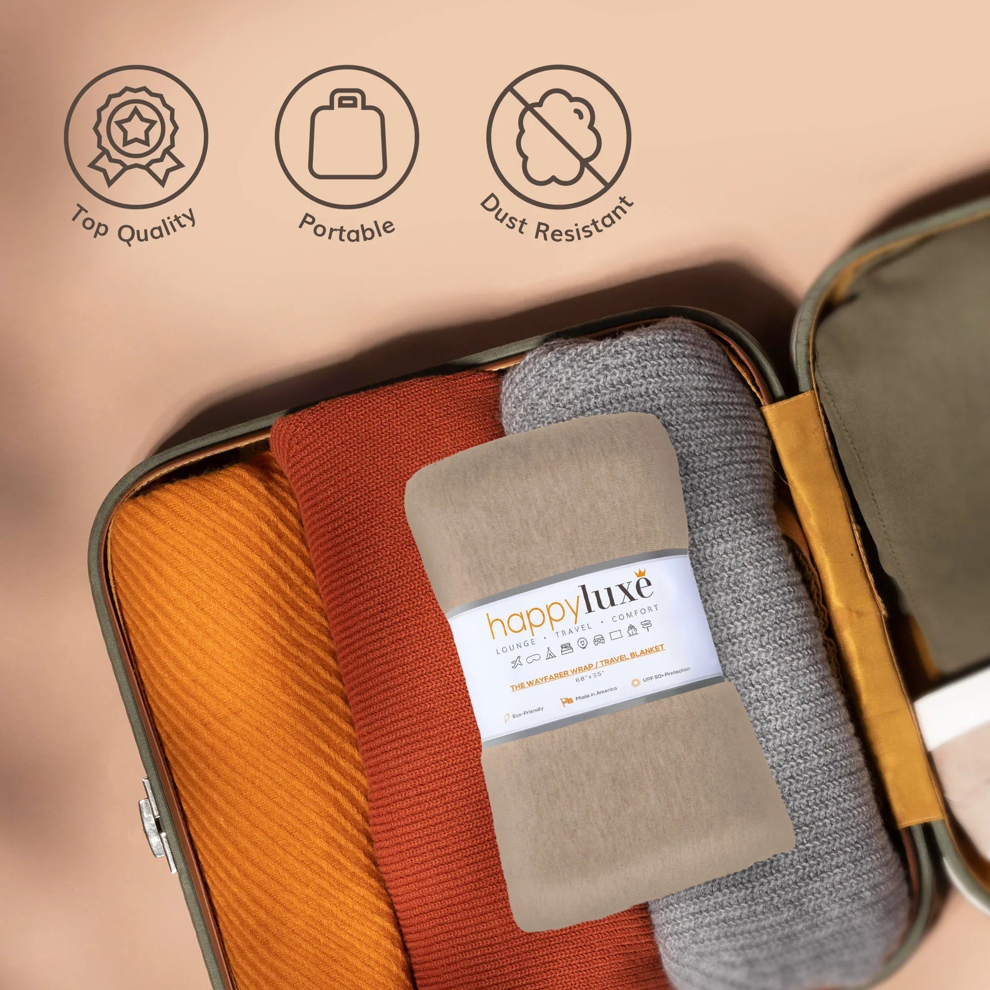 Portable travel blanket in suitcase, soft sustainable wrap for flights, dust resistant & top quality
