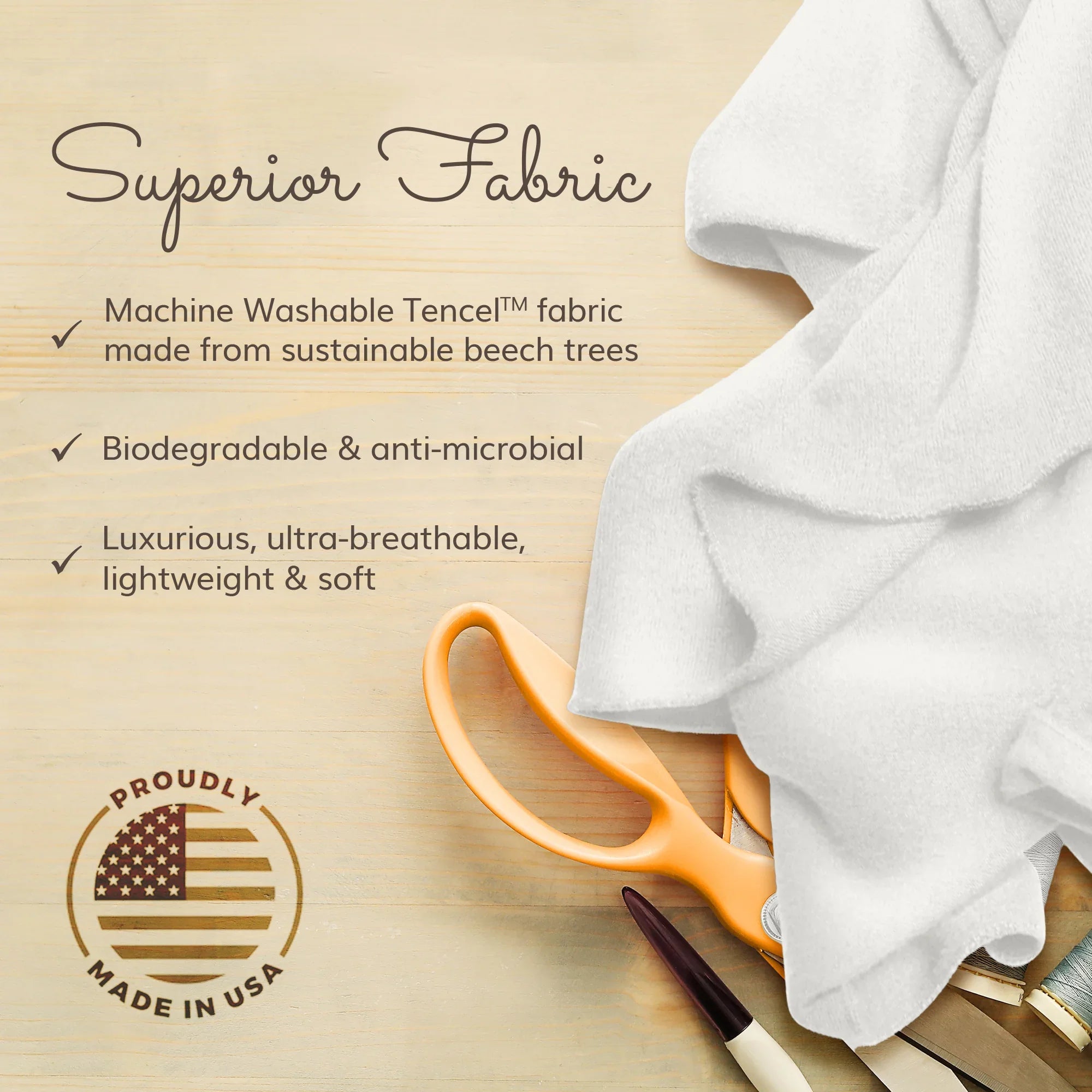 Soft, sustainable Tencel™ travel fabric, biodegradable & anti-microbial, made in USA