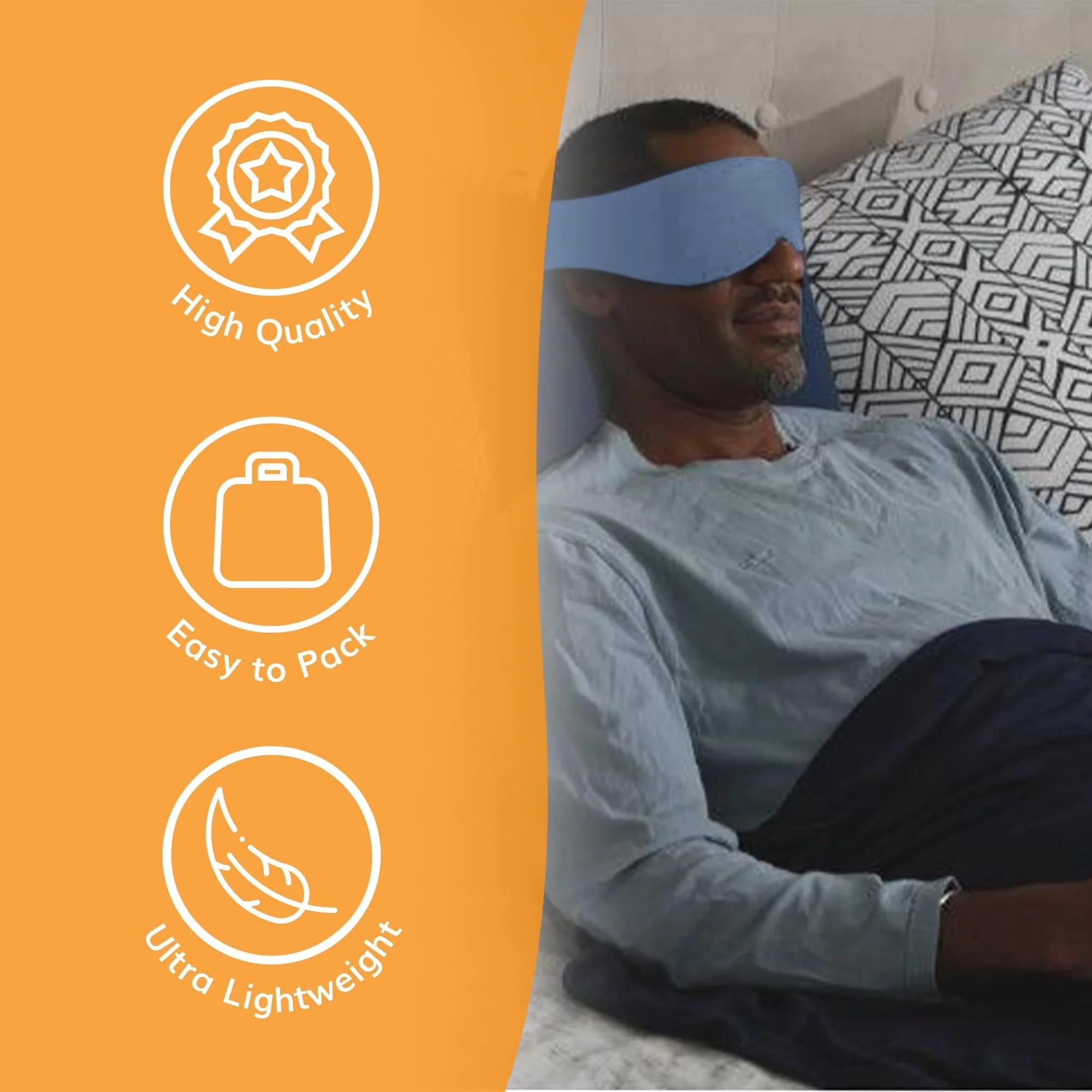 Man relaxing with blue sleep mask, high quality, easy to pack, ultra lightweight travel accessory