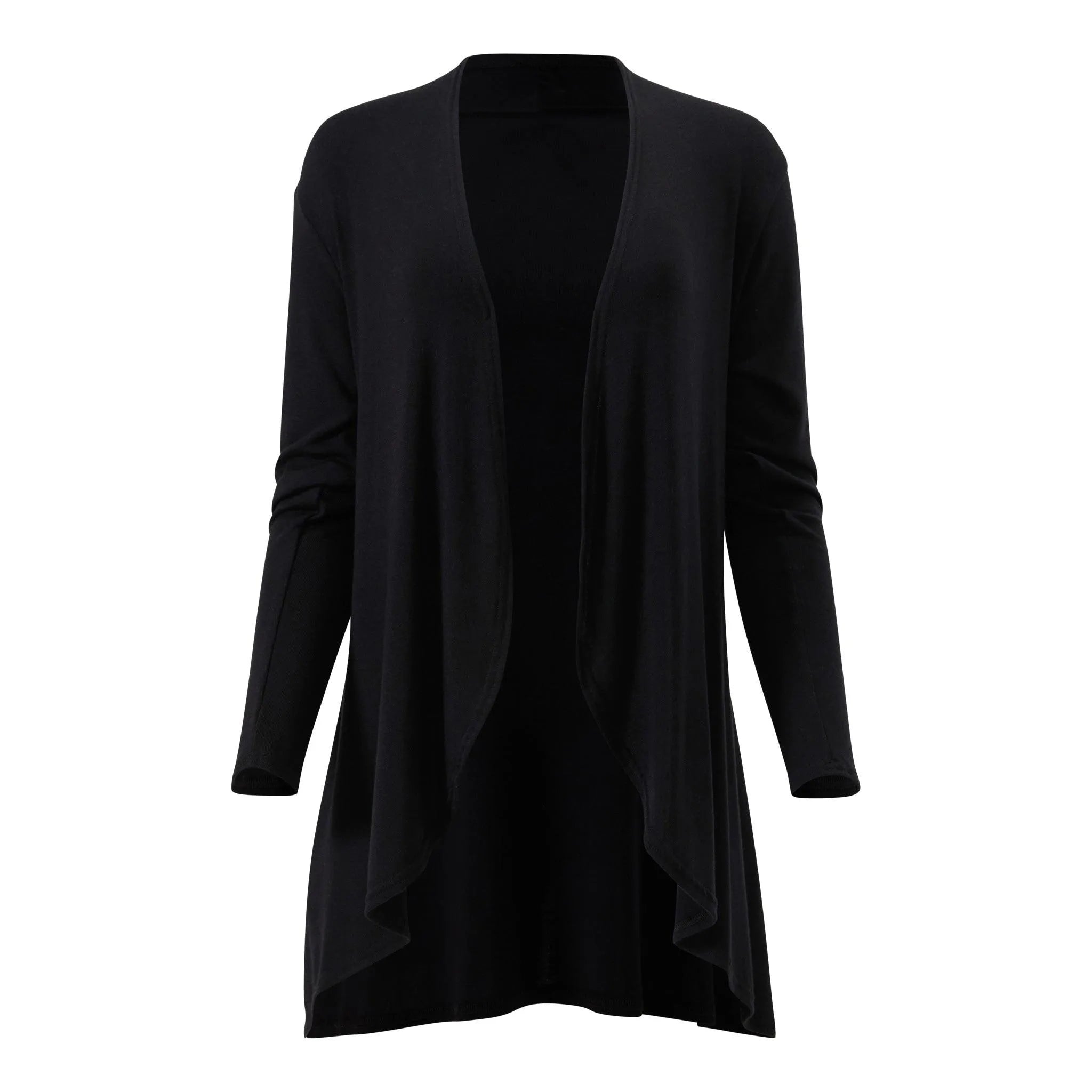 Black long-sleeve drape cardigan for travel, home, or everyday wear