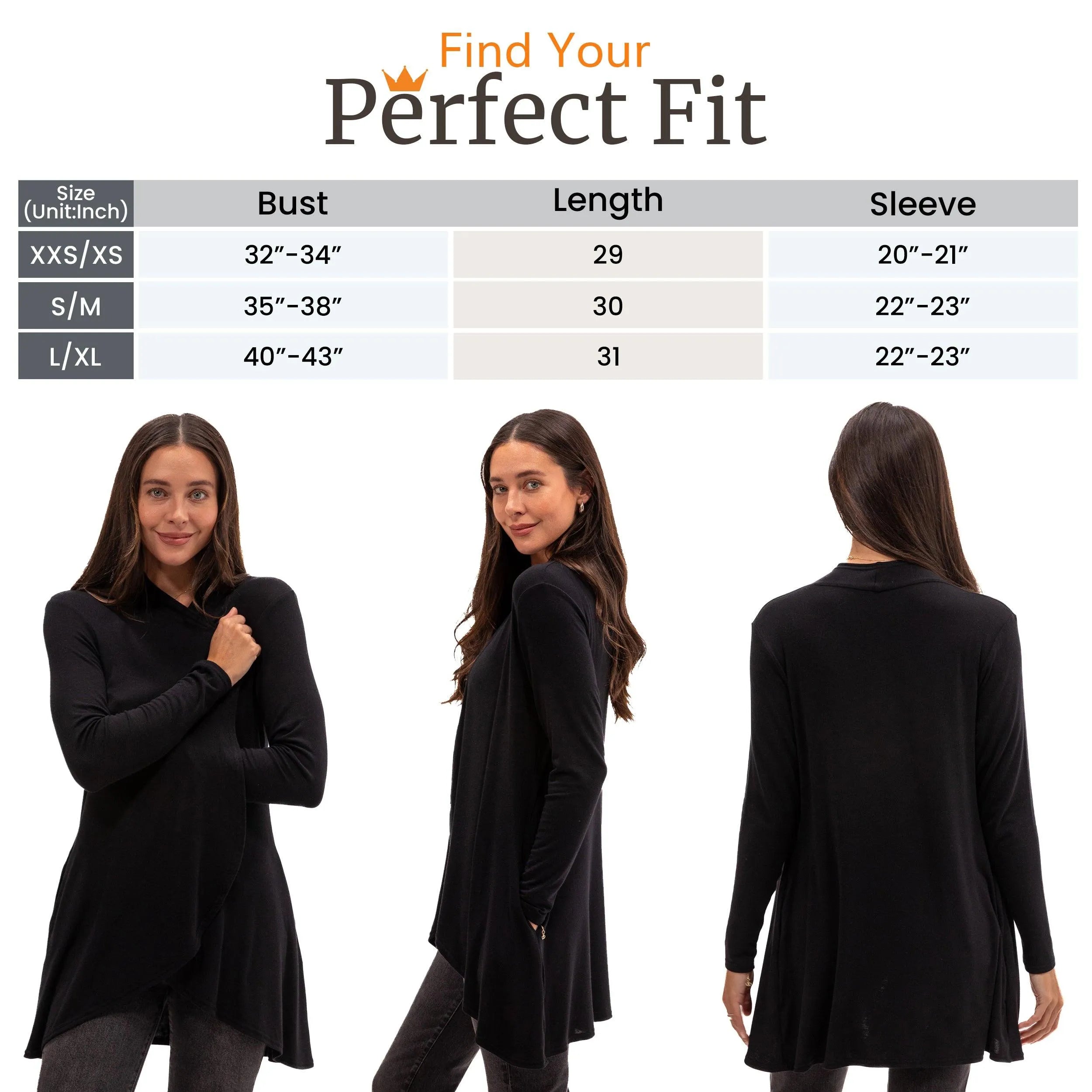 Black long-sleeve travel top with size chart for perfect fit, ideal for flights and everyday wear