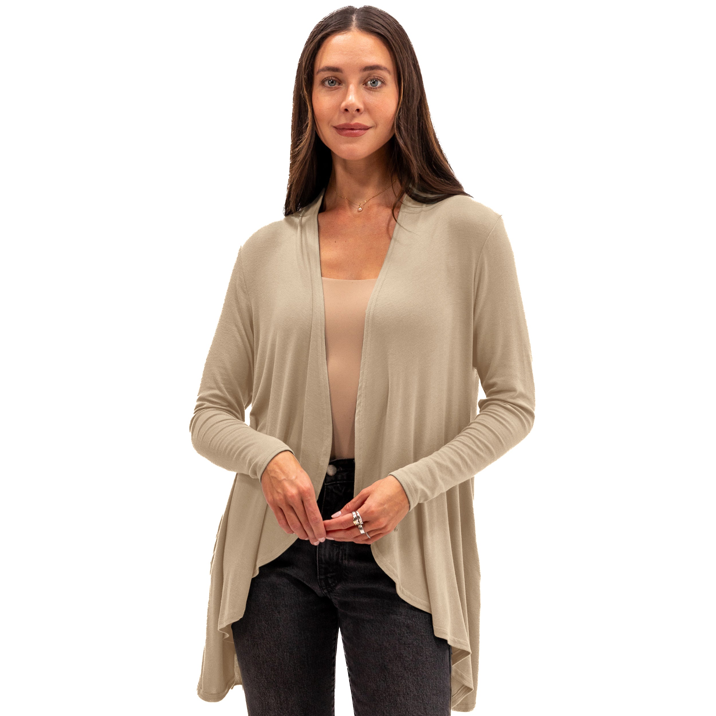 Soft sustainable long cardigan for travel and everyday wear, cozy luxury layering piece