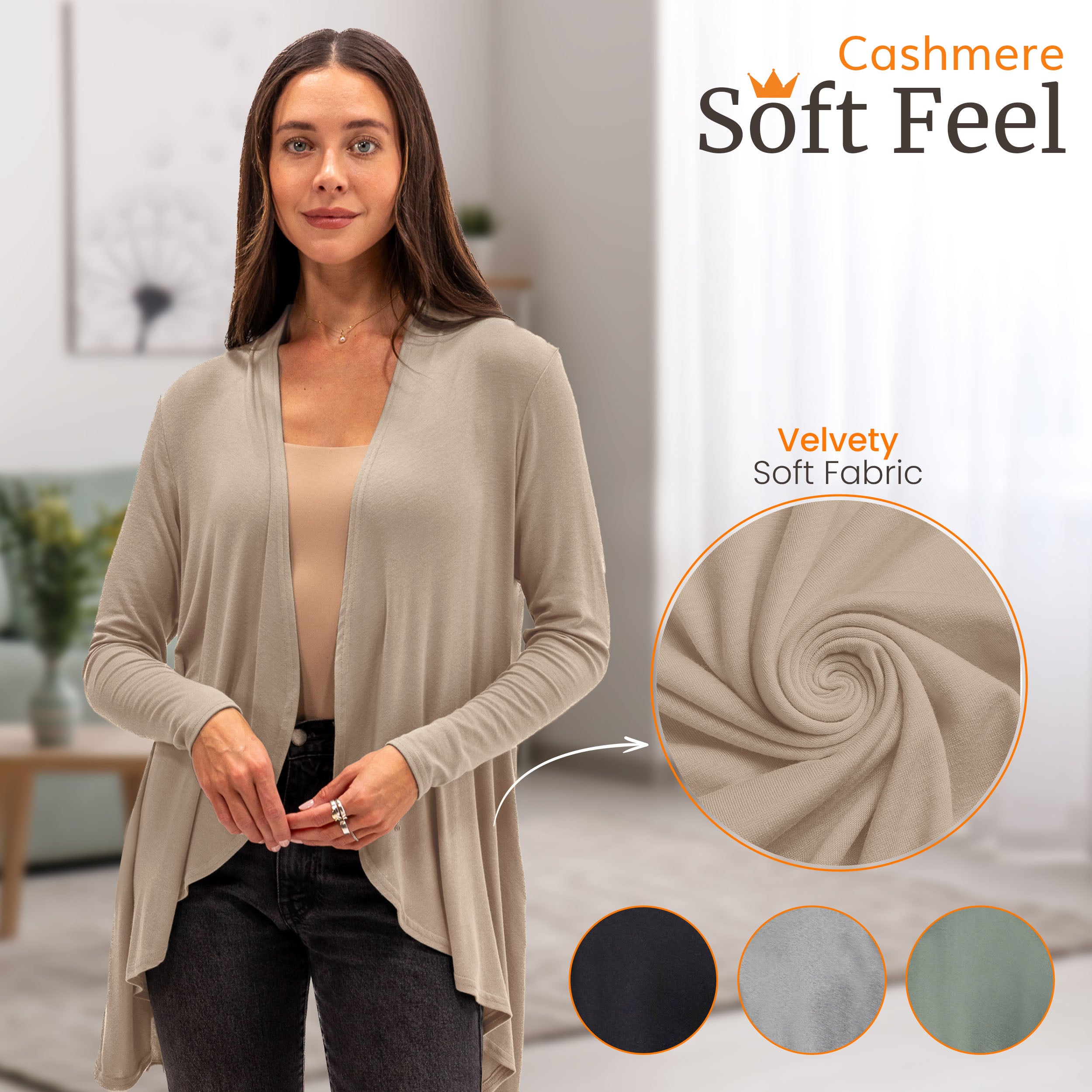 Woman modeling beige long cardigan with velvety soft fabric, cashmere-like feel, ideal for travel and home comfort.