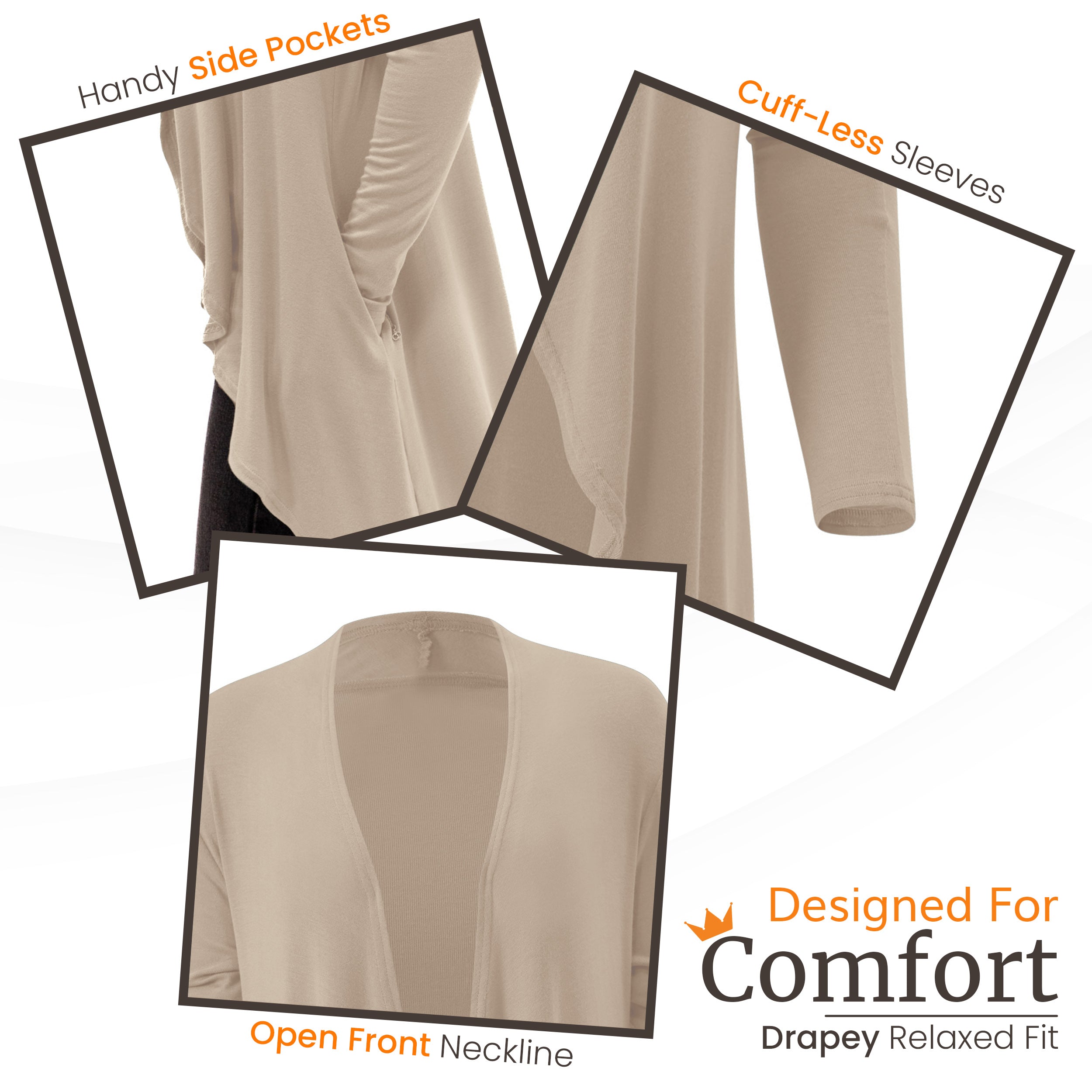 Beige drapey cardigan with side pockets, cuff-less sleeves, open front neckline, designed for comfort
