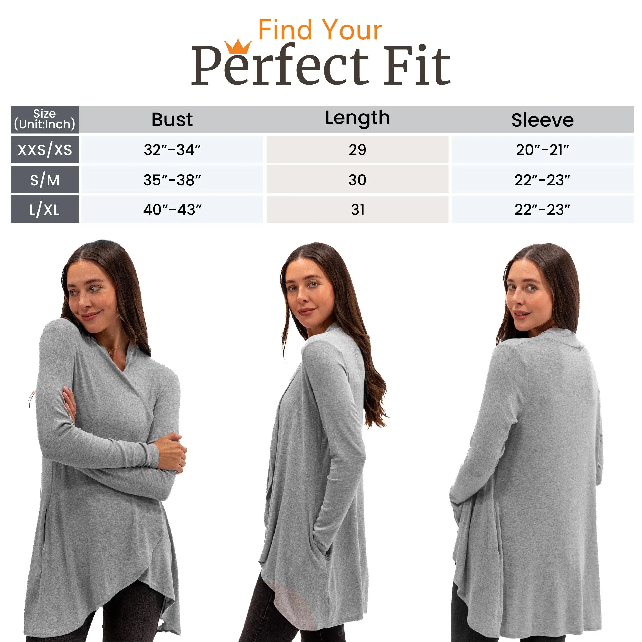 Gray long-sleeve wrap top with size chart for perfect fit, ideal for travel and everyday wear