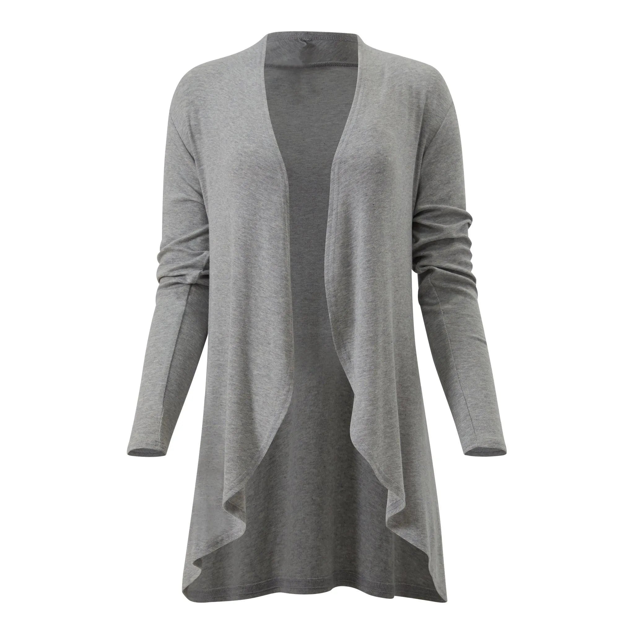 Gray long-sleeve drape cardigan for travel, home, or everyday wear