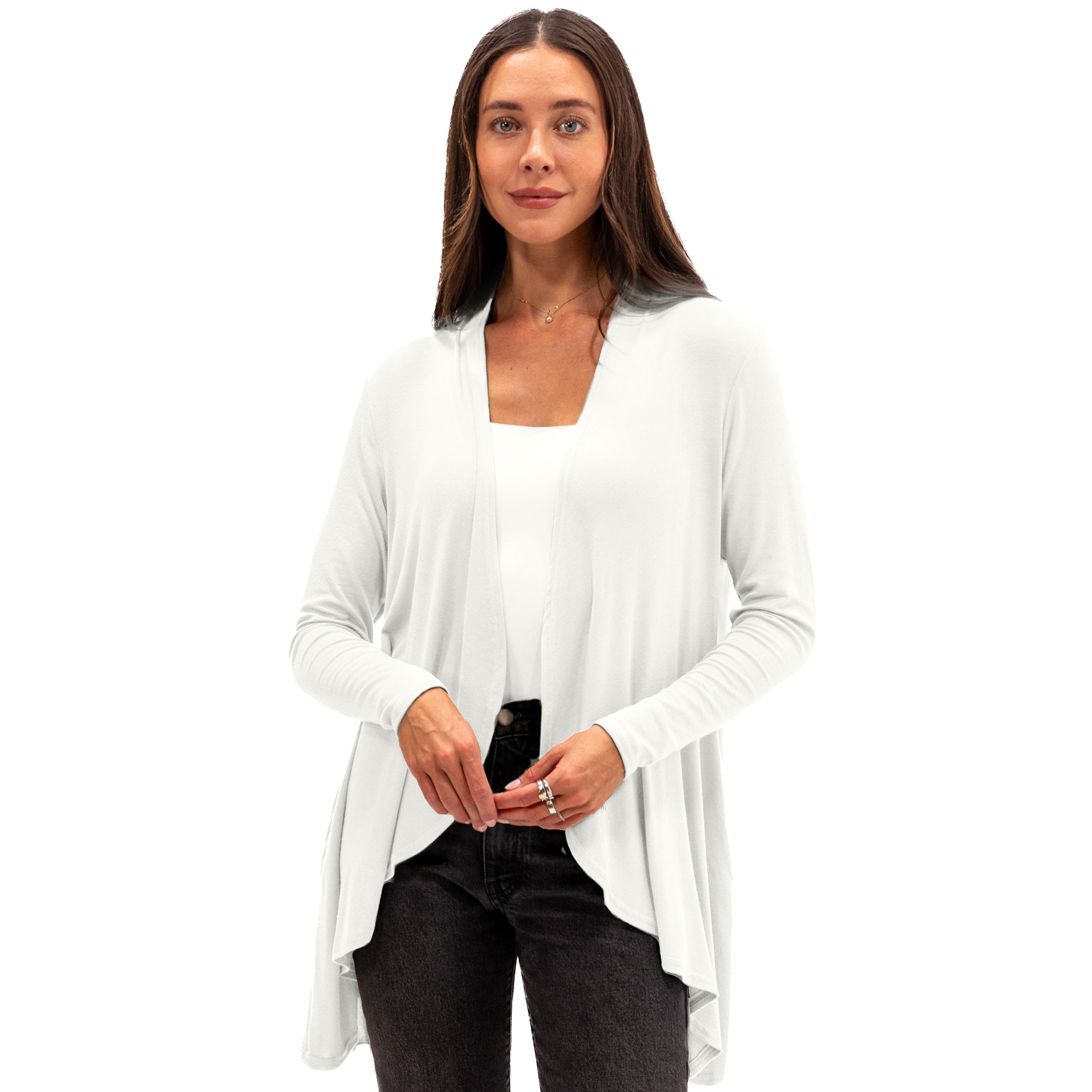 White long-sleeve travel cardigan for women, soft sustainable fabric, ideal for flights and everyday wear