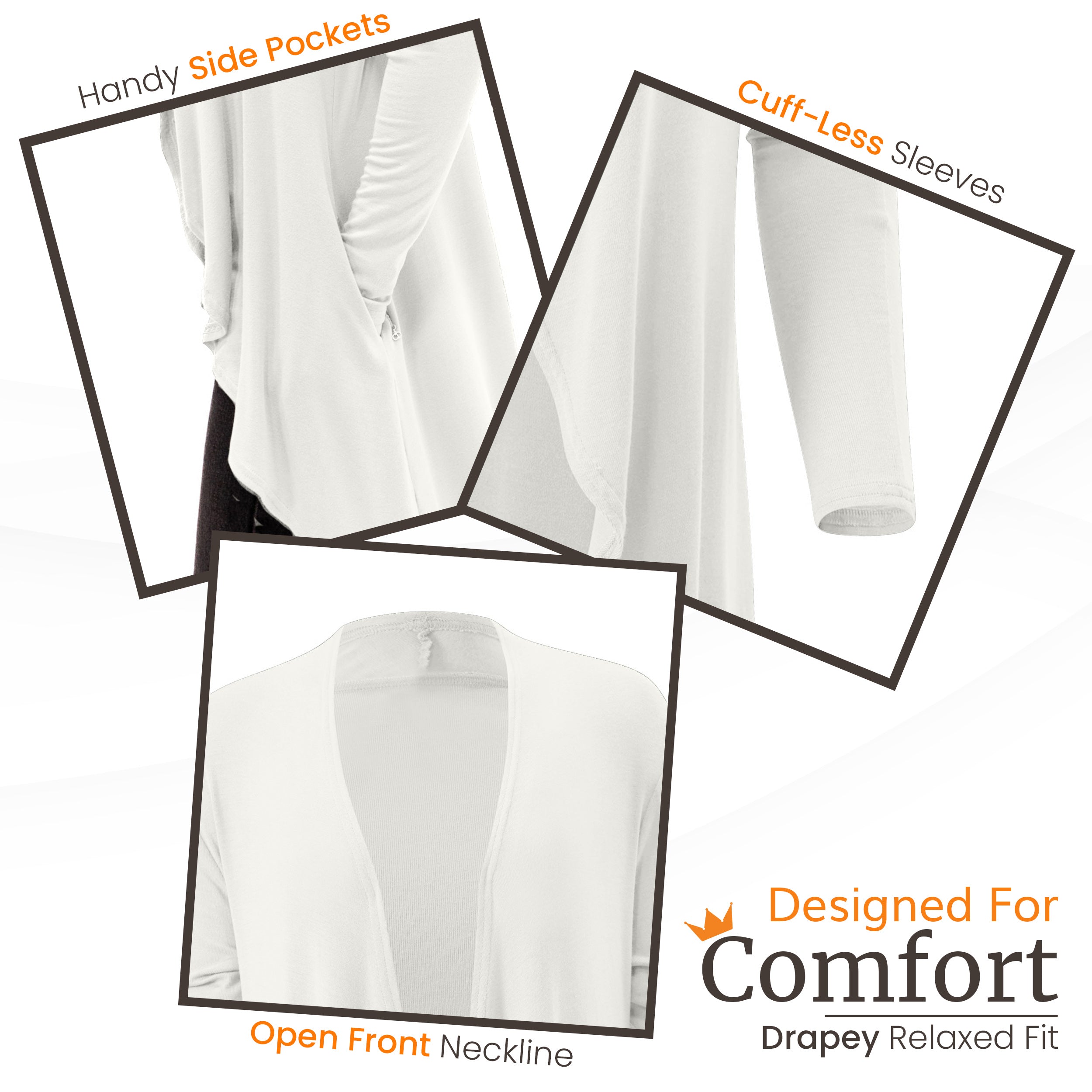 White travel cardigan with side pockets, cuff-less sleeves, open front neckline, designed for comfort