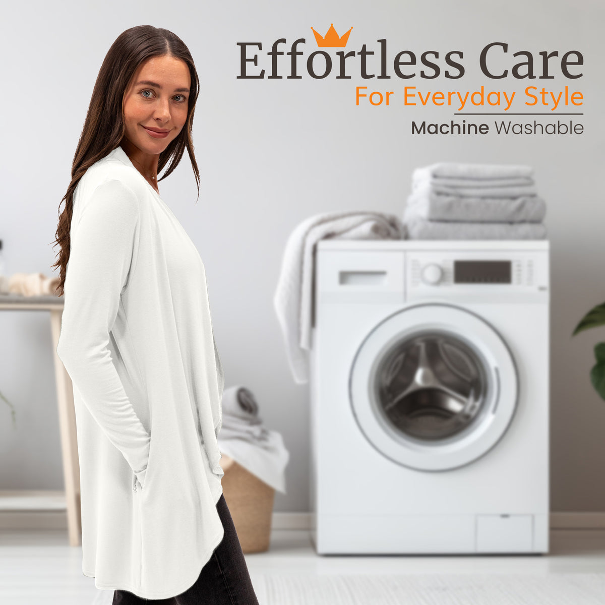 Woman in white long-sleeve travel top, machine washable for effortless everyday style