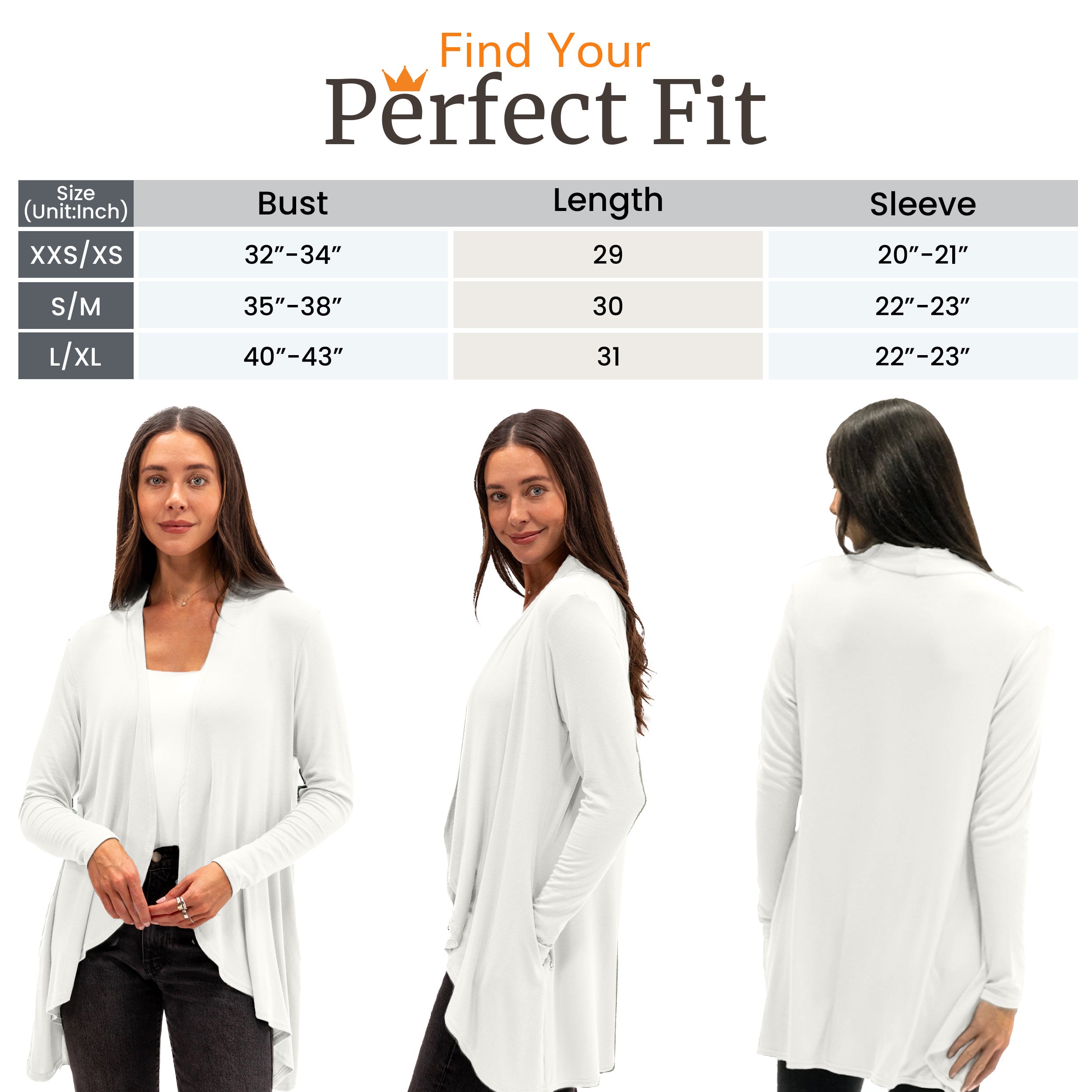 White long-sleeve travel cardigan with size chart, perfect for flights and everyday wear