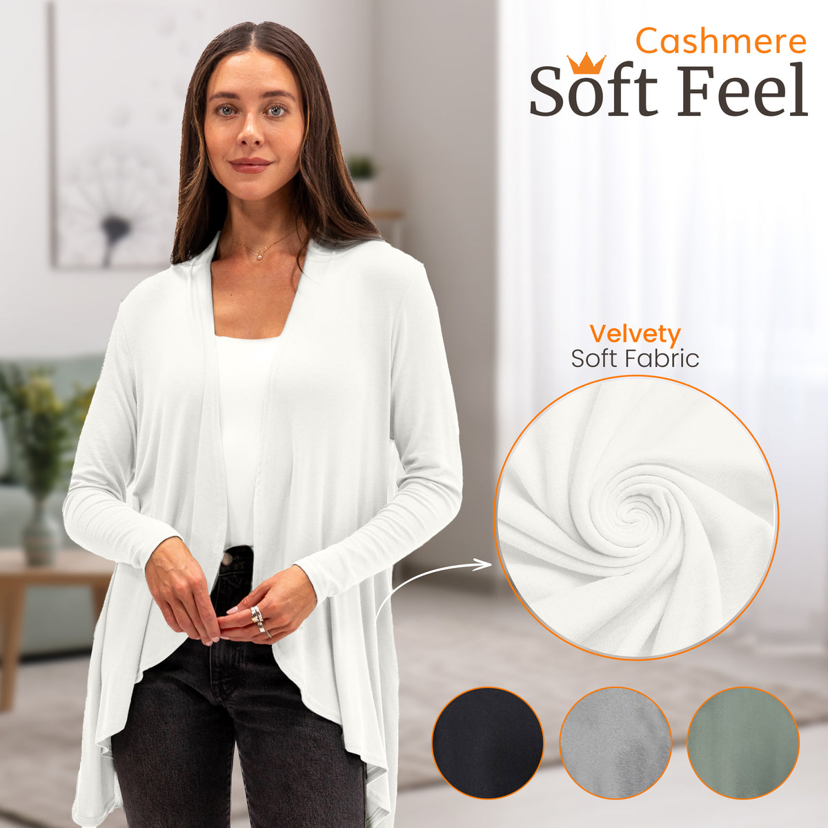 White velvety soft cardigan with cashmere feel, ideal for travel and everyday wear, shown in black, gray, and green