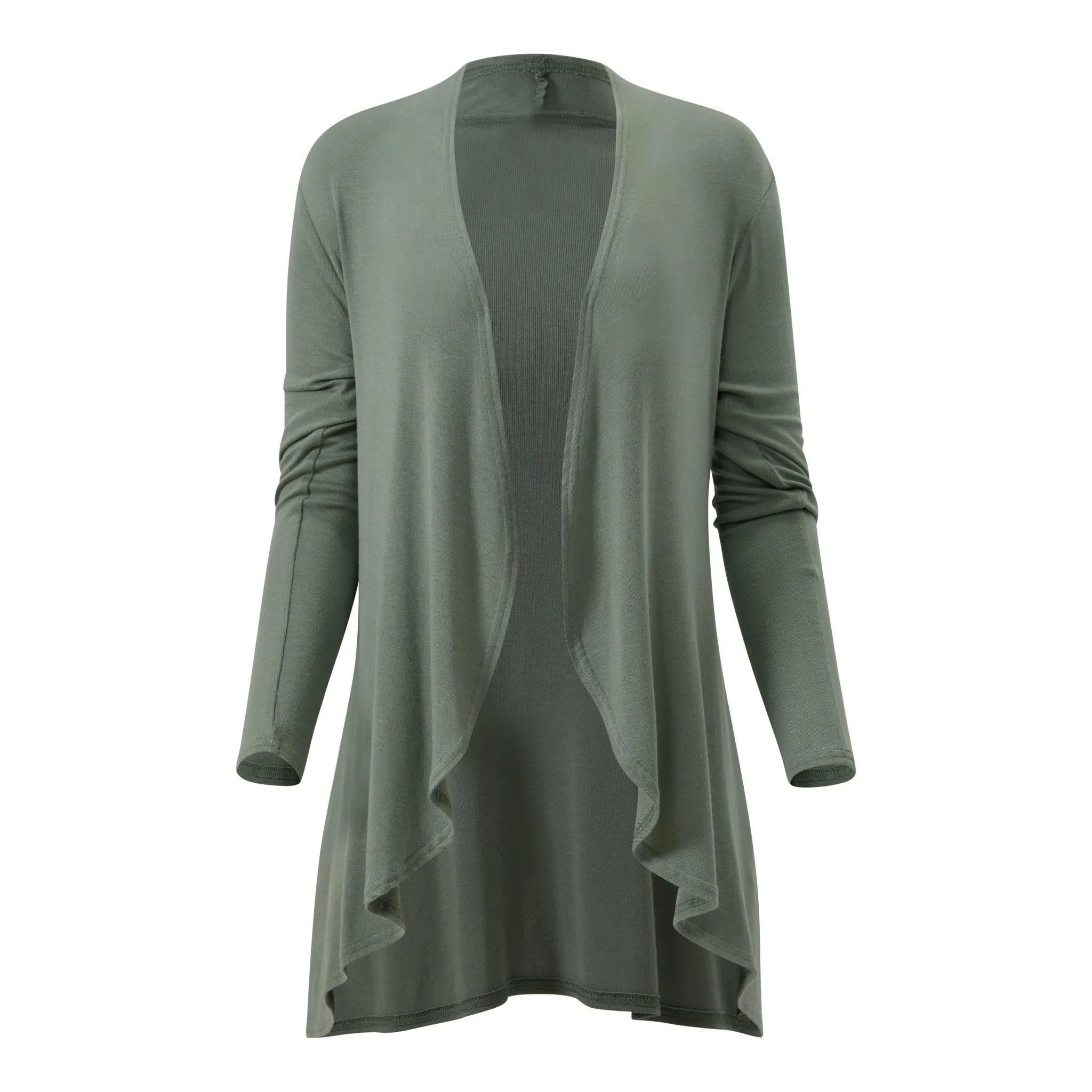 Olive green long sleeve drape cardigan for travel, home, or everyday wear