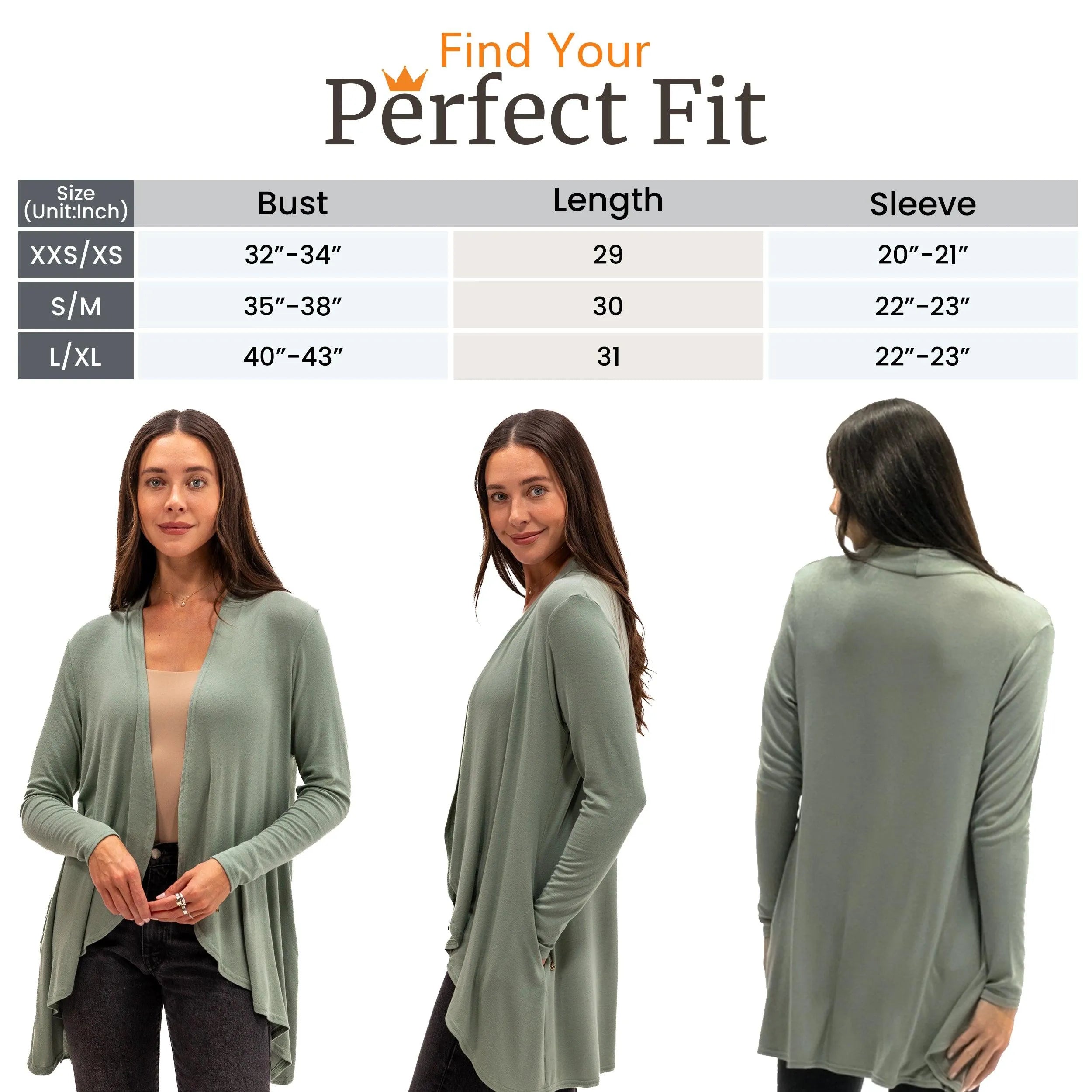 Sage green travel cardigan with size chart, front, side, and back views for perfect fit