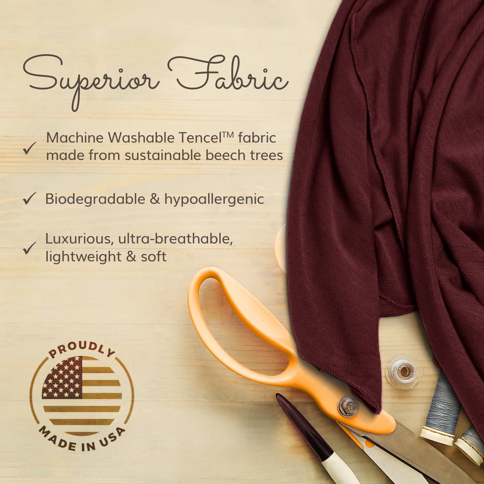 Luxurious Tencel™ fabric travel accessory, soft & sustainable, made in USA with sewing tools