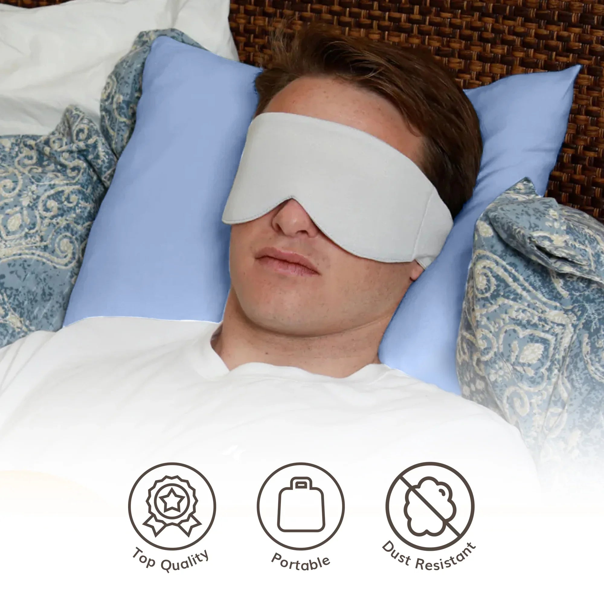 Man sleeping with soft, portable sleep mask for travel and home use, top quality and dust resistant