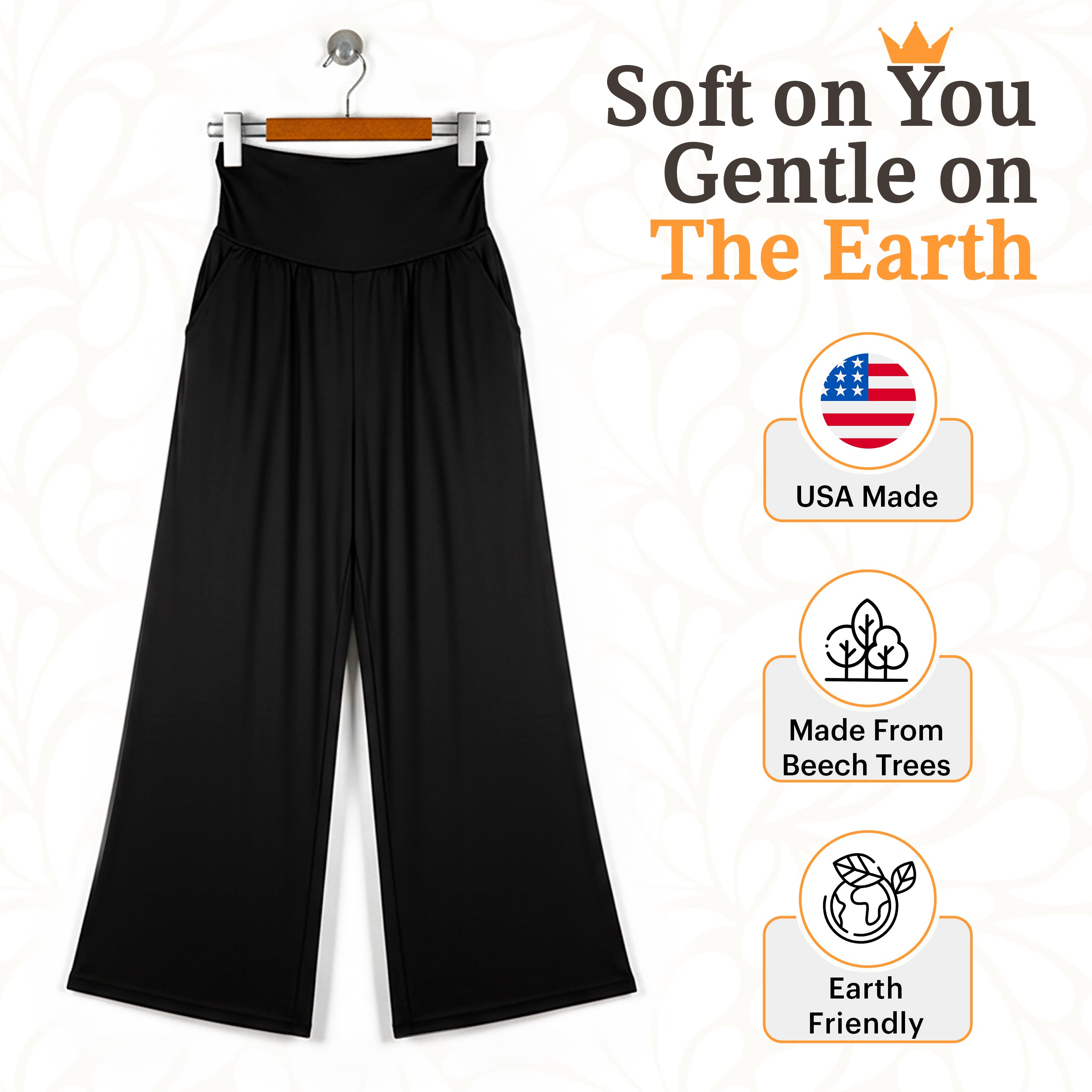 Black wide-leg sustainable travel pants, USA made, eco-friendly, soft comfort for flights & home