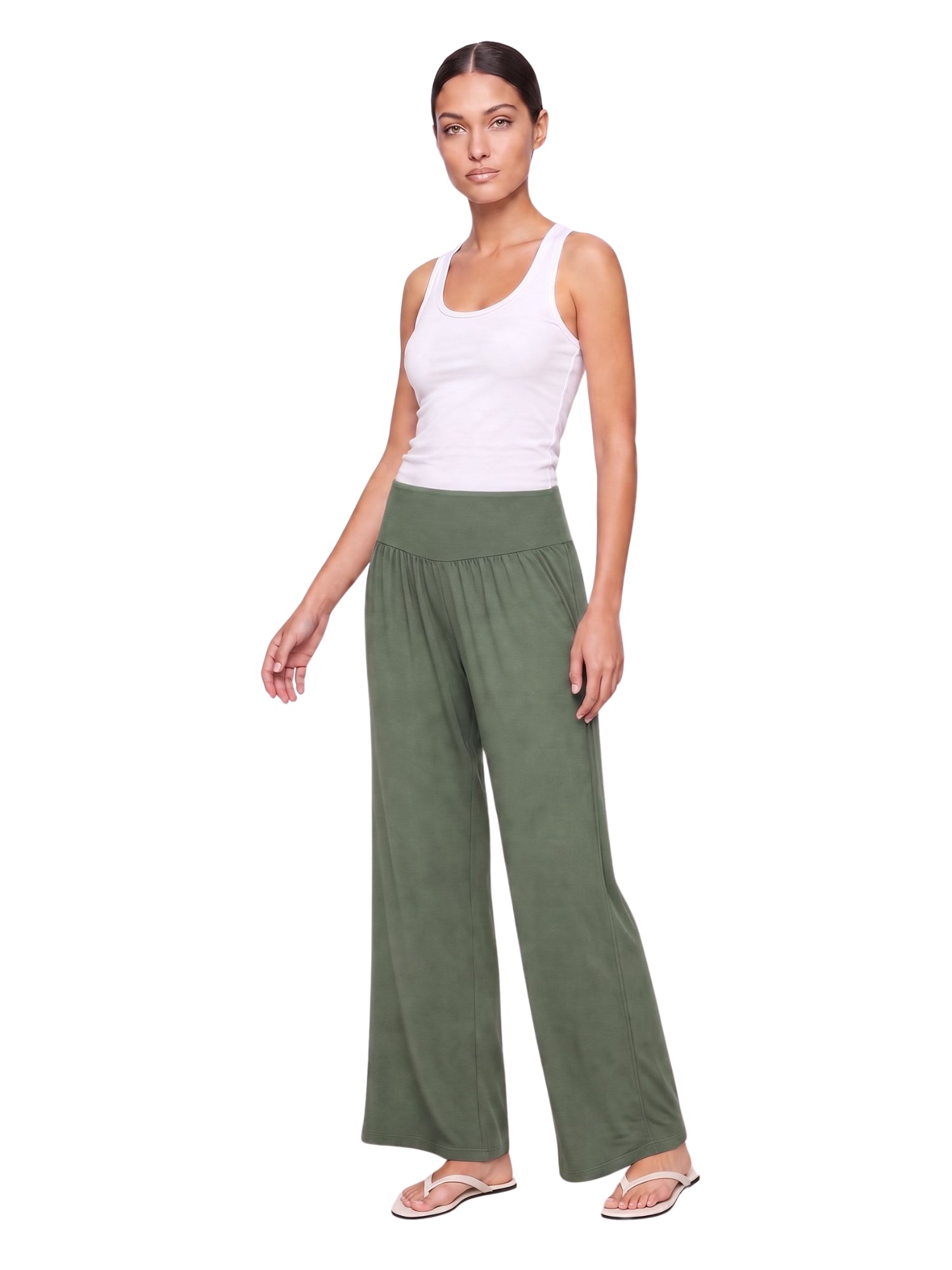 Olive green wide-leg lounge pants with elastic waist, perfect for travel and everyday comfort.