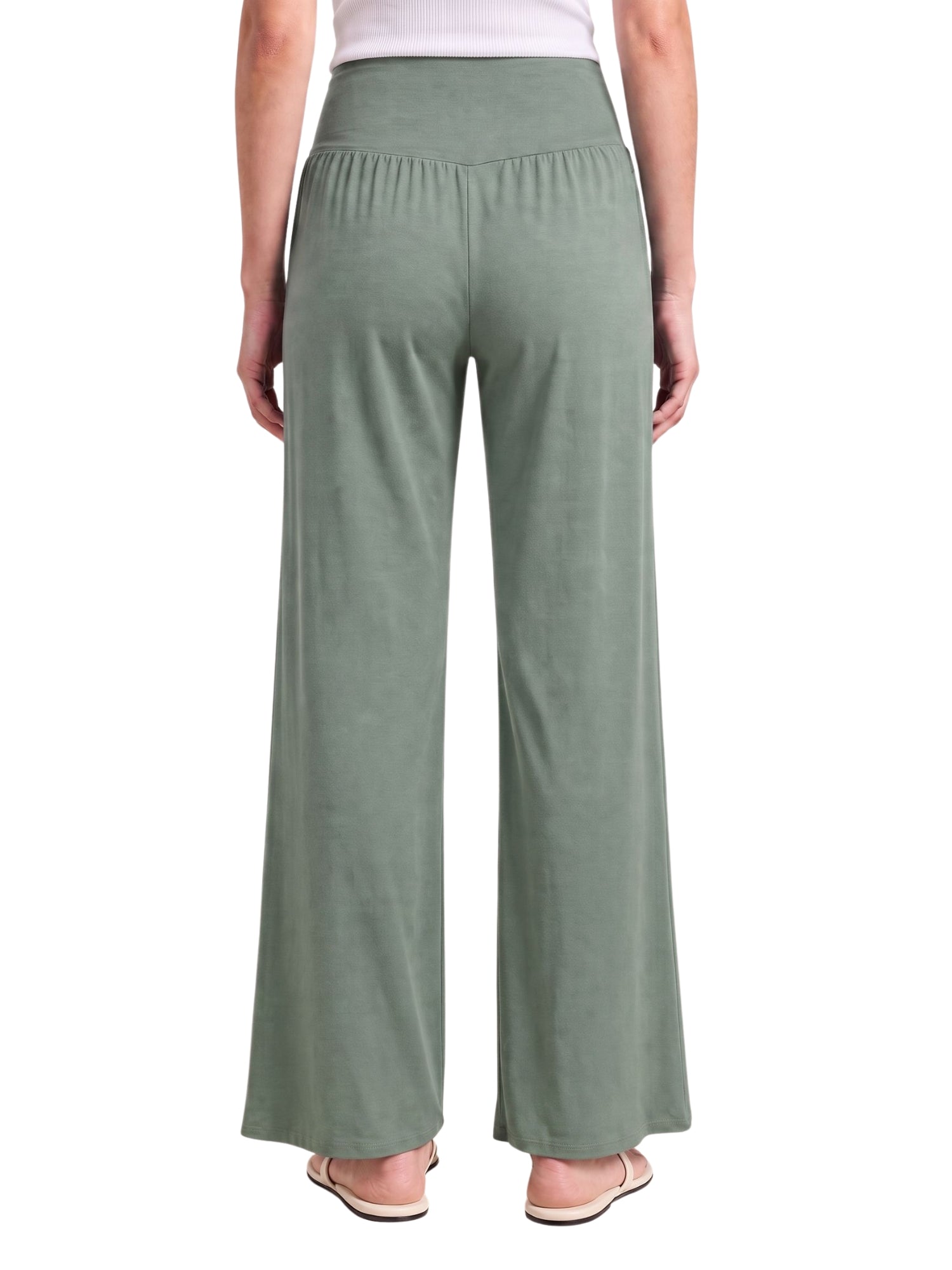 Olive green wide-leg lounge pants with elastic waist, soft sustainable fabric for travel and home comfort