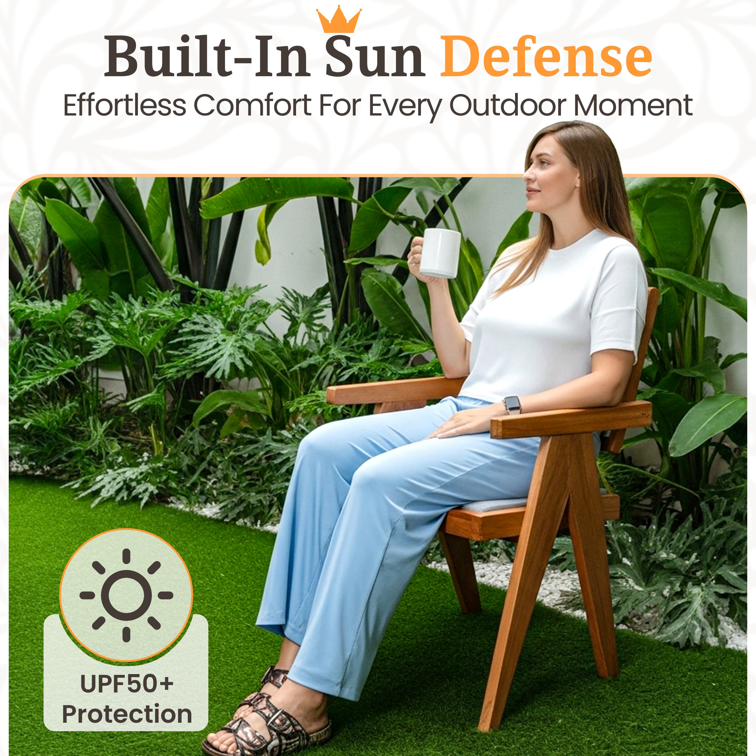 Woman relaxing outdoors in UPF50+ sun protection pants, enjoying comfort with built-in sun defense for every outdoor moment.